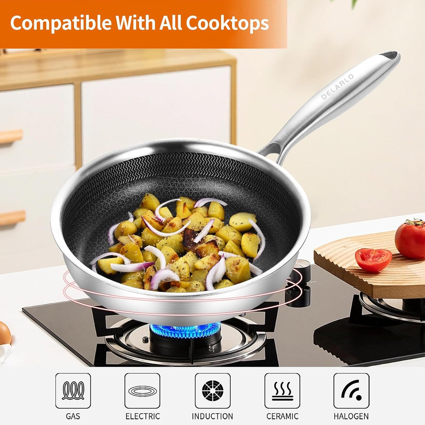 DELARLO Tri-Ply Stainless Steel 5.5 Inch Omelet Pans, Small Frying Pan Compatible with All Cooktops 500℉,Oven Safe Mini Skillet