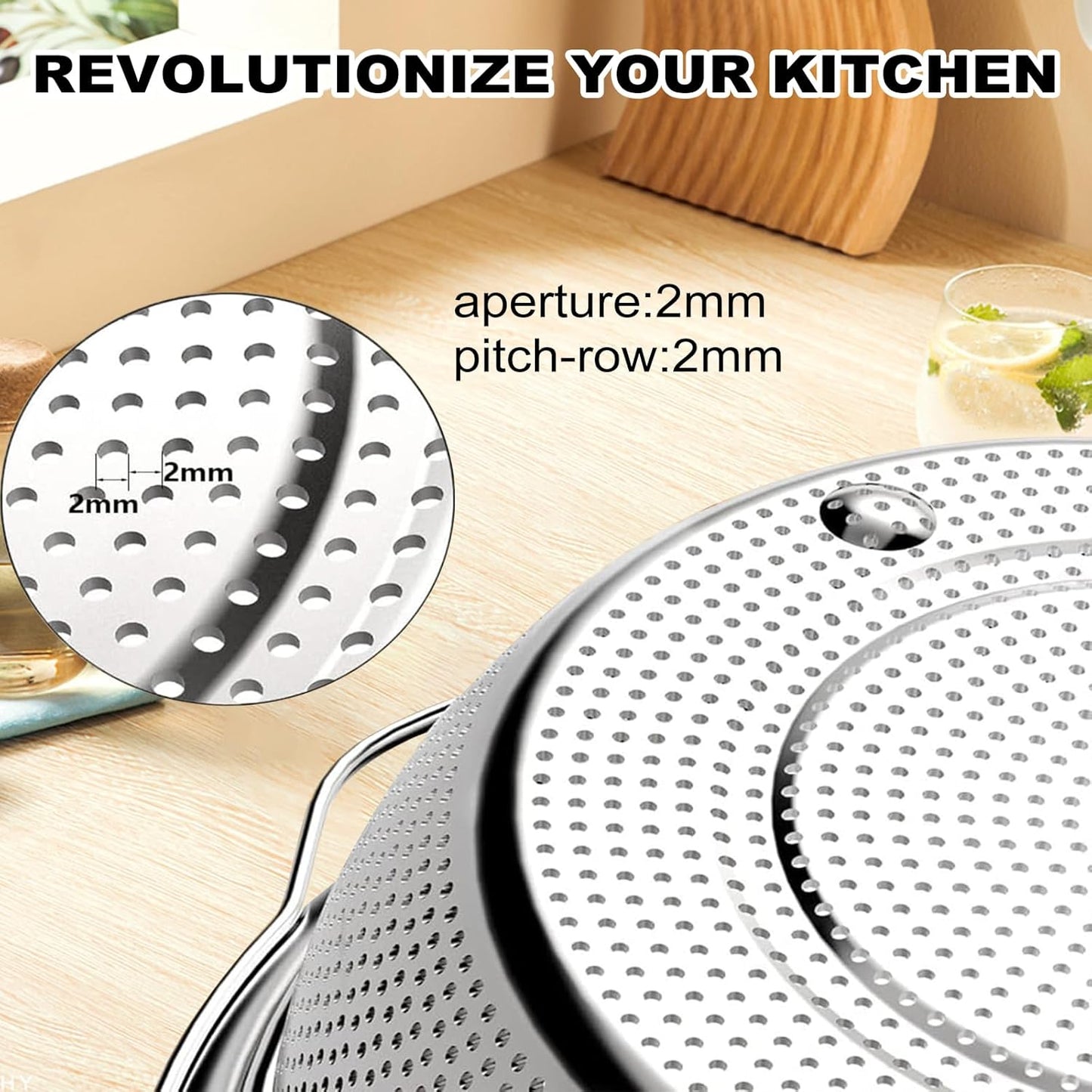 Stainless Steel Microporous Colander for Kitchen, 4.5QT Large Capacity, Colander and Bowl Set of Two, Stainless Steel Drain Basket with Mixing Bowl, for Washing Fruits and Vegetables (11×10.6inch)