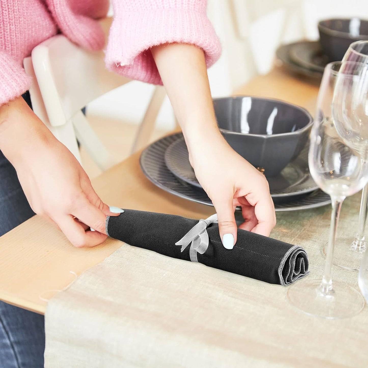 Hillban 18 Pcs Anti Tarnish Silver Storage Bags Silver Storage Cloth Felt Flatware Organizer Anti Tarnish Protector Bags Place Setting Roll with White Ribbon for Kitchen Cutlery Utensils (Black)