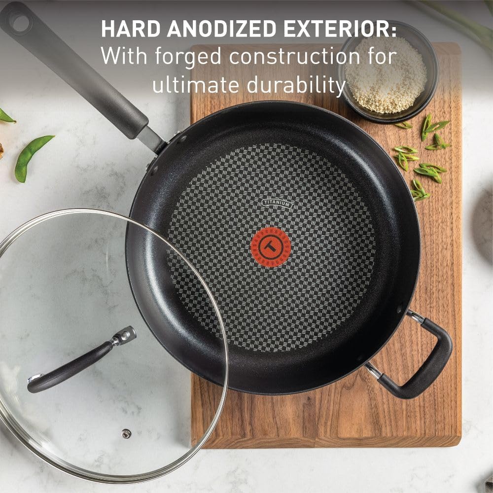 T-fal Ultimate Hard Anodized Non Stick Jumbo Cooker With Lid & Helper Handle 5 Quart, Oven Broiler Safe 400F, Lid Safe 350F, Cookware, Deep Frying Pan, Skillet, Pots and Pans, Dishwasher Safe, Grey