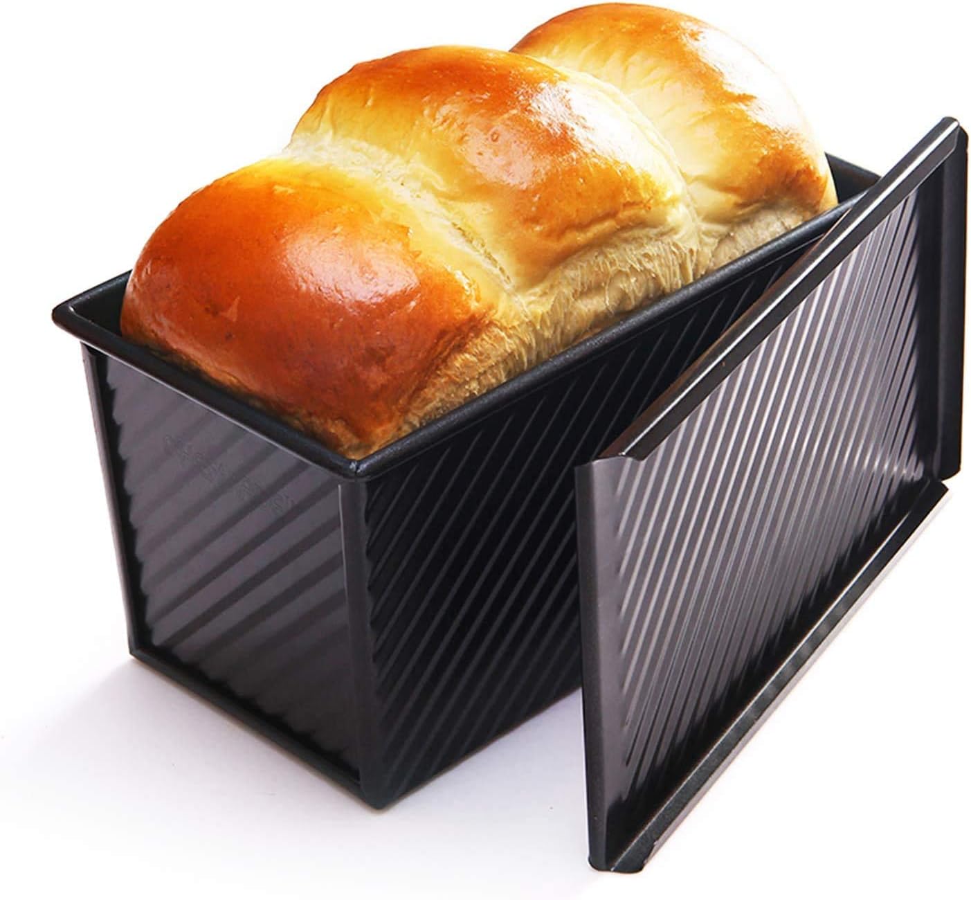 CHEFMADE Pullman Loaf Pan with Lid, 1Lb Dough Capacity Non-Stick Rectangle Corrugated Bread Pan, Carbon Steel Bakeware Toast Mold with Cover for Baking Bread - Black