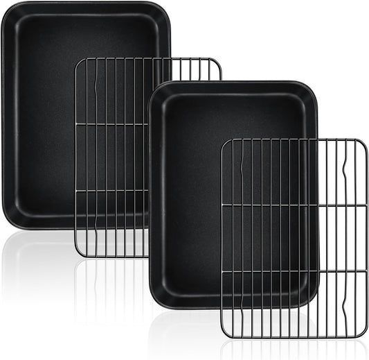 TeamFar Toaster Oven Pans with Racks Set, 9.25 x 7 x 1 Inch Carbon Steel Mini Baking Pan Tray with Rack for Roasting Cooling, Non-Toxic & Heavy Duty, Nonstick & Easy Clean, (2 Pans & 2 Racks)