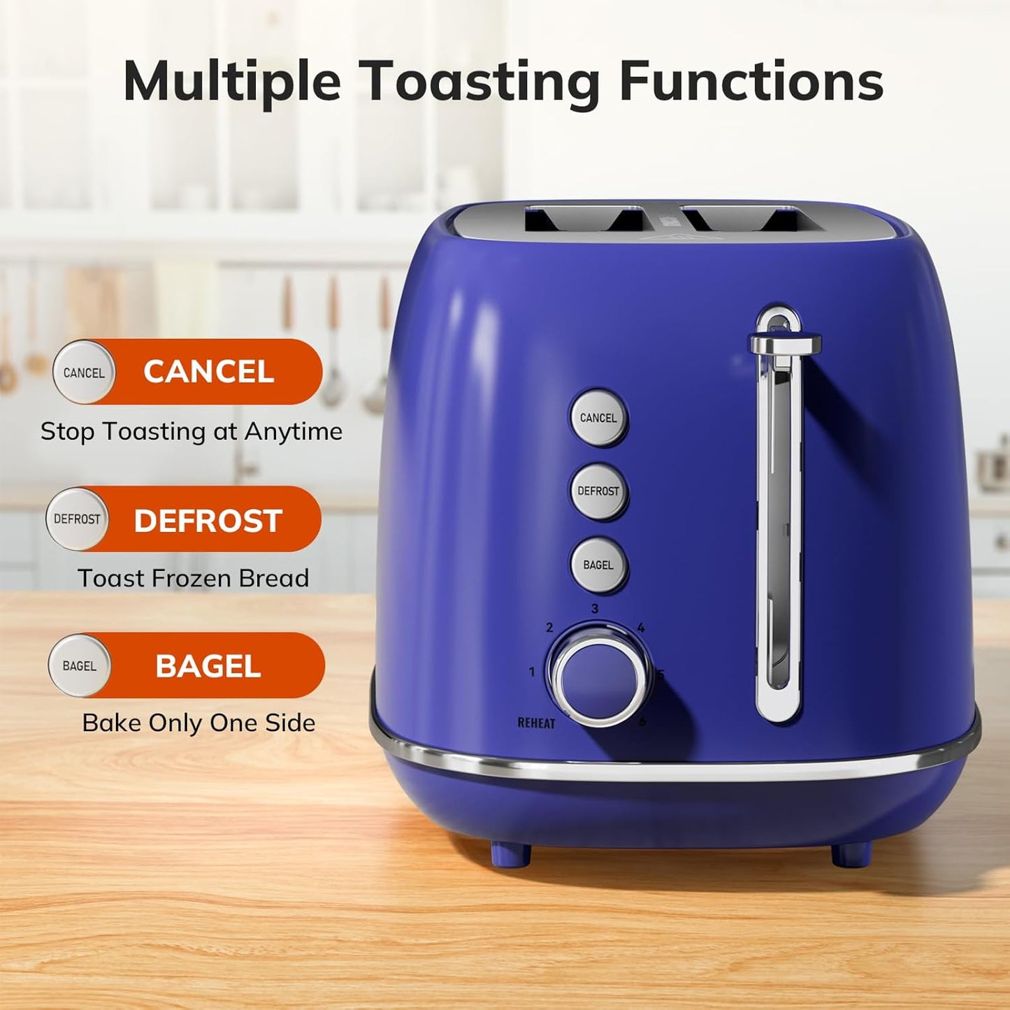 Keenstone Retro 2-Slice Stainless Steel Toaster - Bagel, Cancel, Defrost Functions, Extra Wide Slots, High Lift Lever, 6 Shade Settings, Removable Crumb Tray, Dark Blue