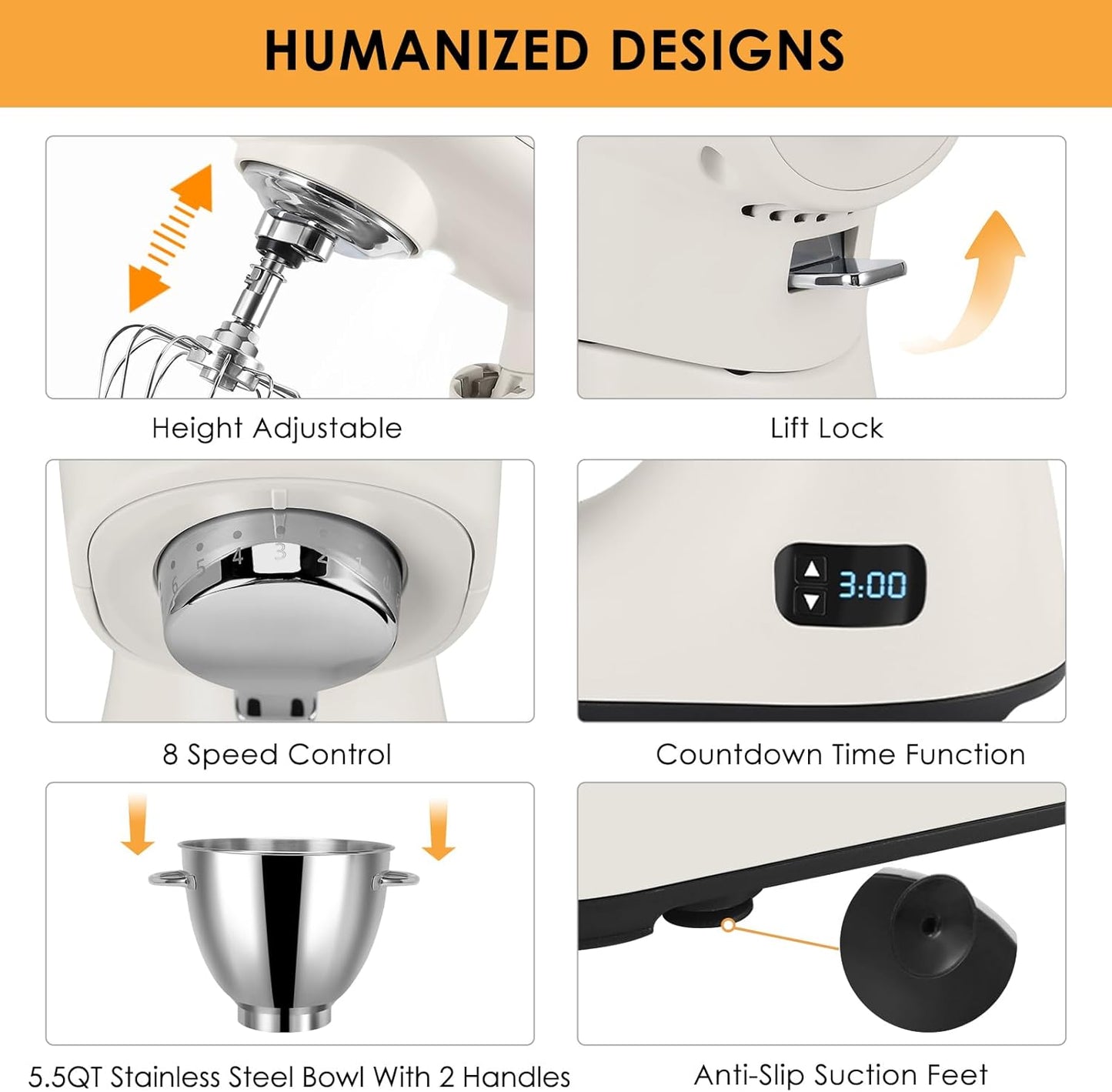 ZACME Mixers Kitchen Electric Stand Mixer 5.5QT 600W, Aluminum die casting and Gears, Dual Cooling System, Low Noise, DC Motor, LED Display and Timing Function, Tilt-head Metal Food Mixer, White
