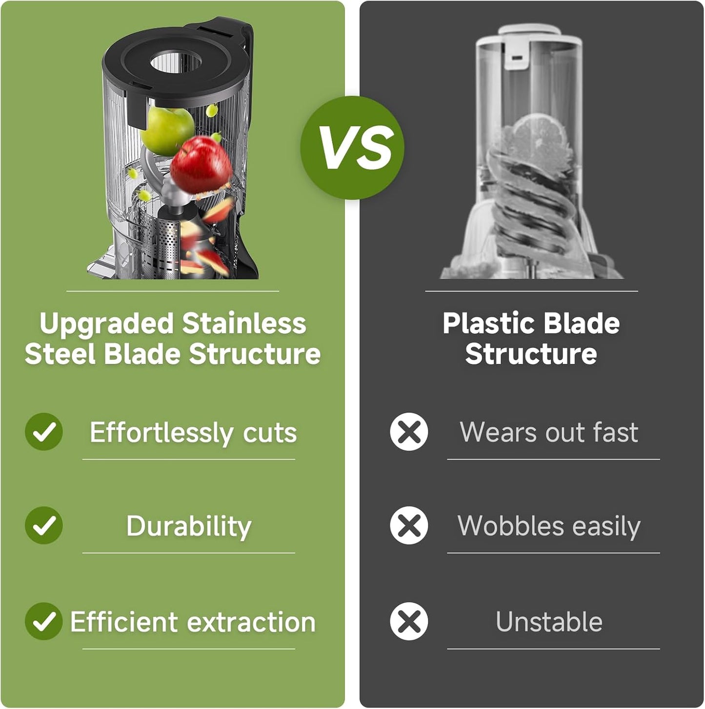 AMZCHEF Cold Press Juicer, 5.4" Juicer Machines with Large Feed Chute for Whole Fruits & Vegetables, Stainless Steel Juice Extractor with Large Auger, Triple Strainers, Easy Cleanup & Assembly