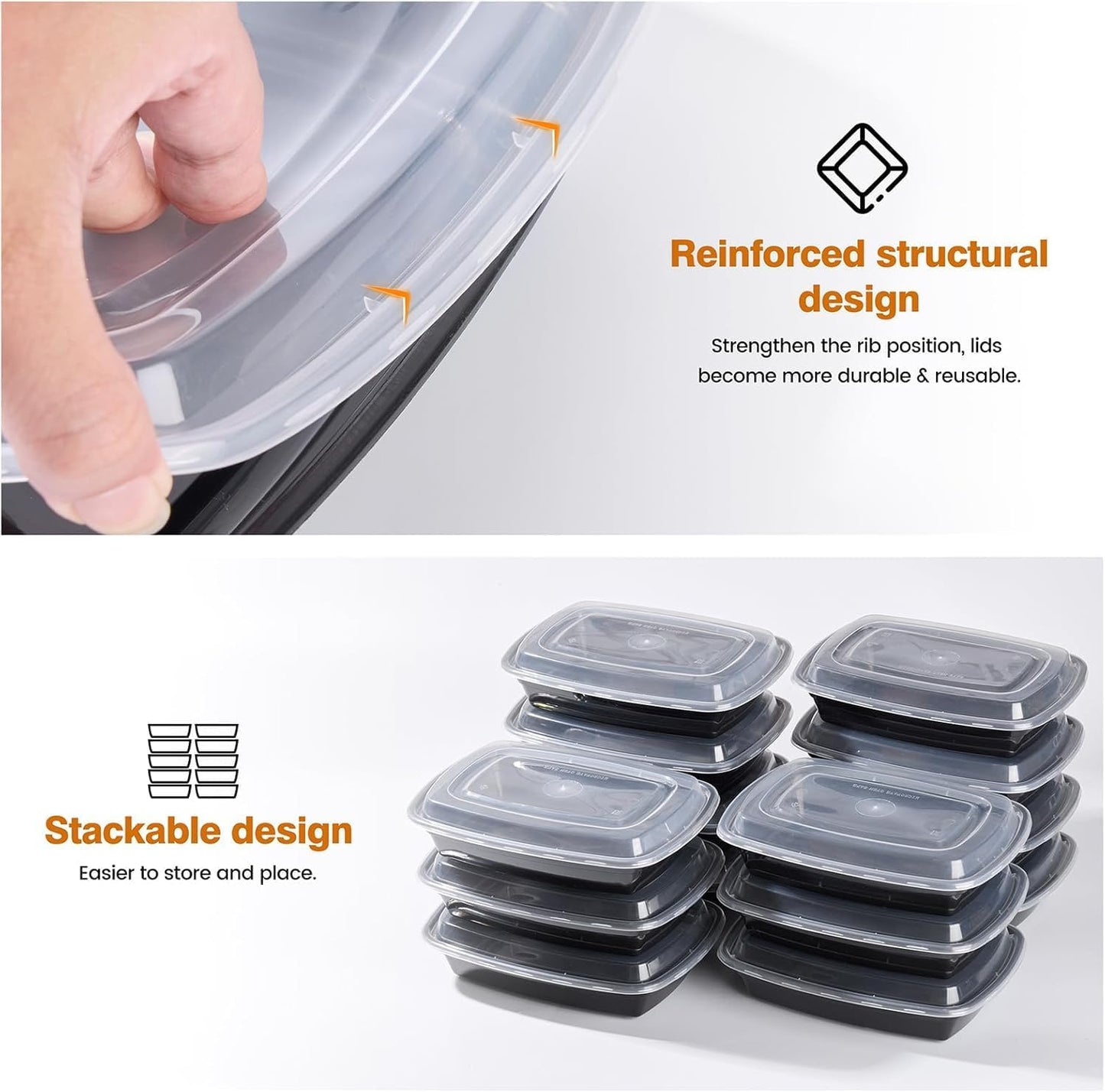 Glotoch Express 32oz 1-Compartment Black Square Food Containers with Lids, Durable BPA-Free Plastic Meal Prep Boxes, Microwave/Freezer/Dishwasher Safe, 300 Pack