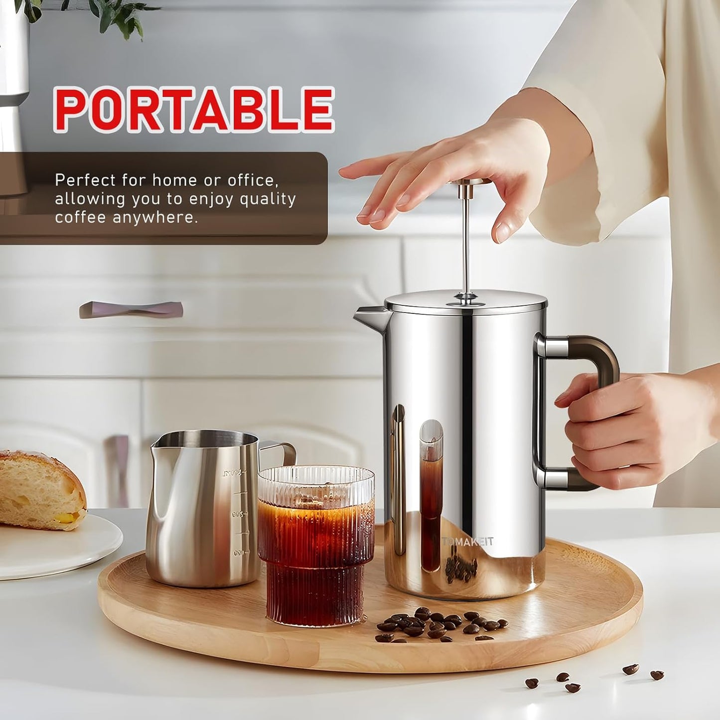 1L/34 Oz French Press Coffee Maker,304 Stainless Steel Coffee Press,Durable & Easy Clean,Leak-Proof Design,Prensa Francesa Para Cafe for Home,Office,Camping