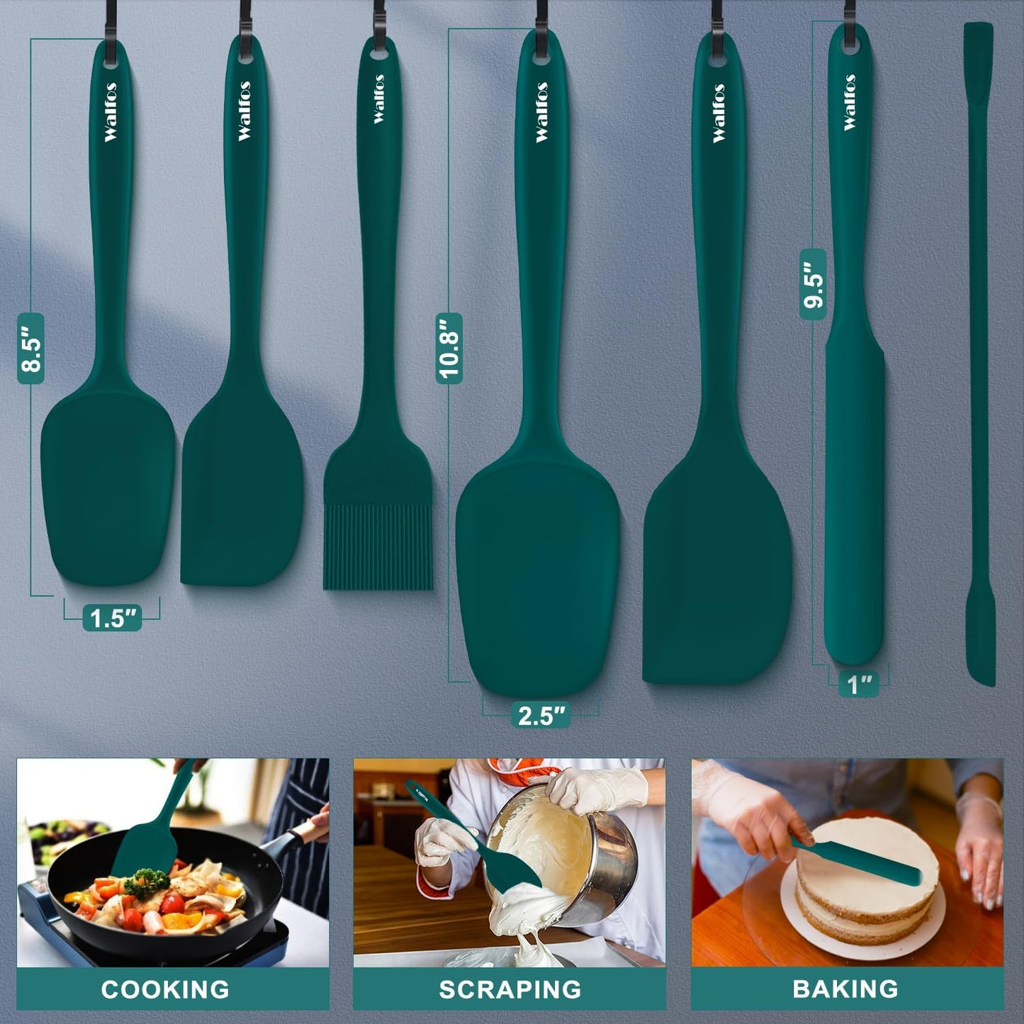 Walfos Silicone Spatula Set of 7 - (600°F) High Heat Resistant Dark Green Kitchen Scraper Spatulas, One-Pieces Seamless Design, Perfect for Cooking Mixing & Baking - BPA Free and Dishwasher Safe
