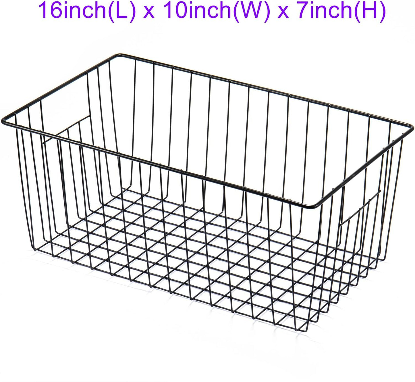 16inch Freezer Wire Storage Organizer Baskets, Household Refrigerator Bins with Built-in Handles, Black, 6PACK