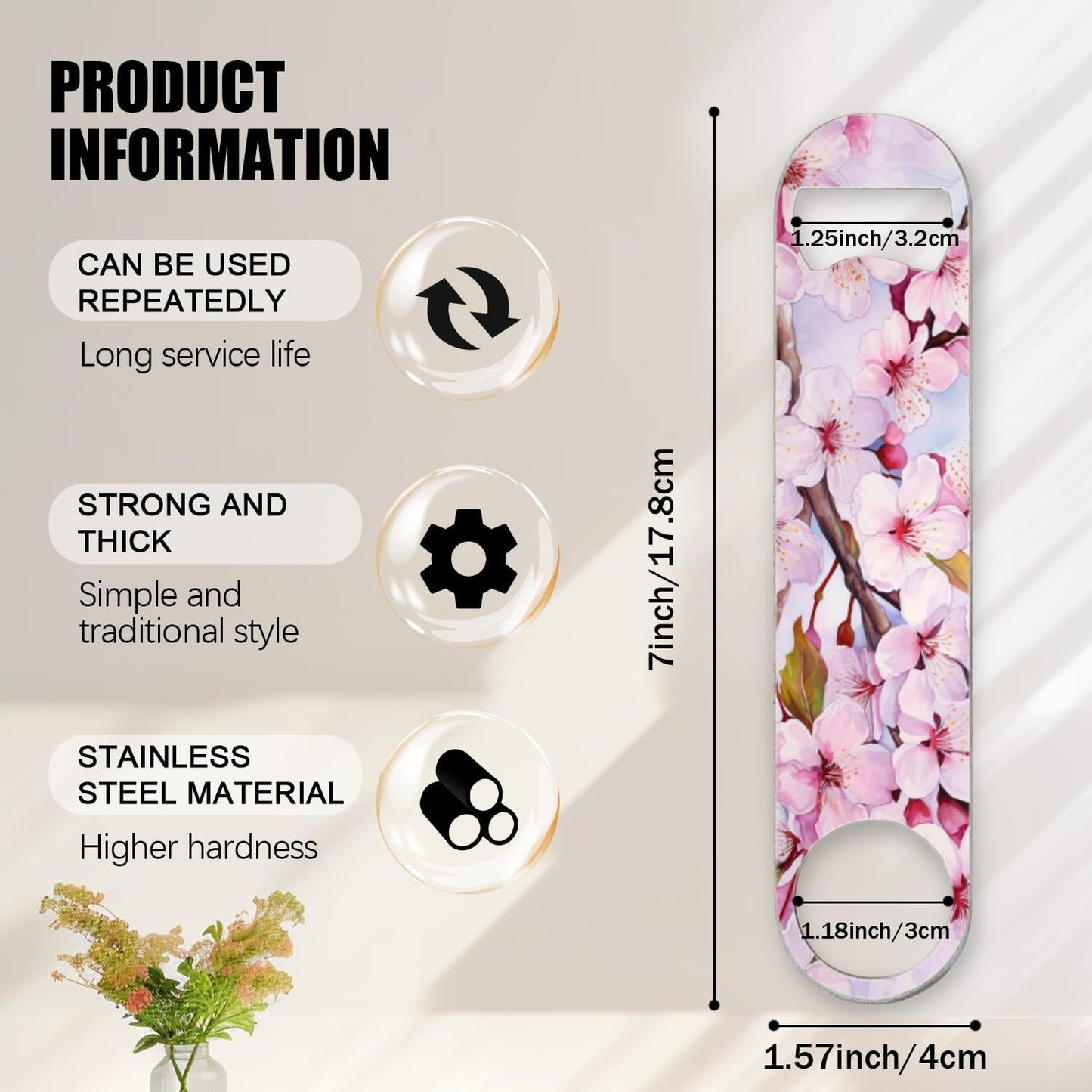 2 PACK Beer Bottle Opener, Stainless Steel Flat Bottle Openers,7 inch Metal Decor,Cherry Blossoms With Pink Petals