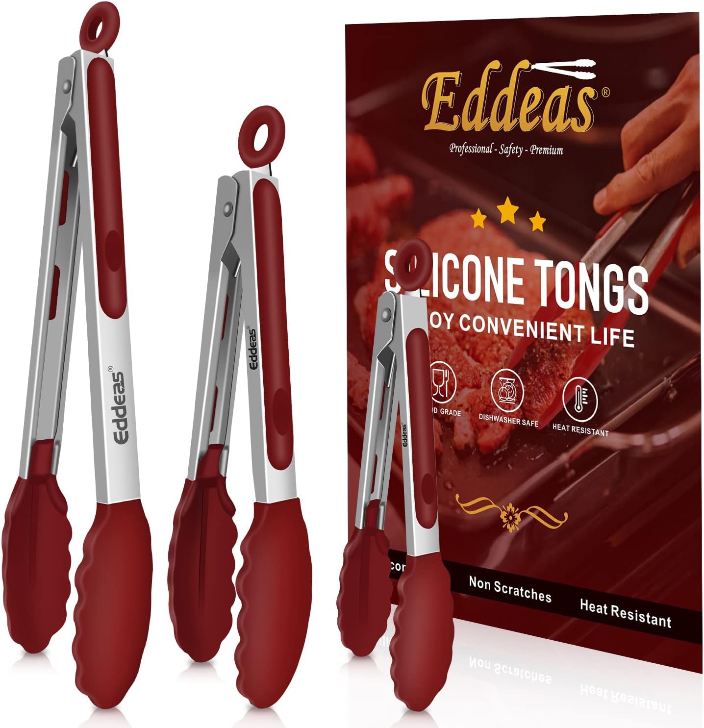 Tongs For Cooking - 7",9" and 12 inch Kitchen Tong with Silicone Tip,Heat Resistant 600 Degrees Metal Locking Tongs - for cooking,Salad and Barbecue,Red Set of 3