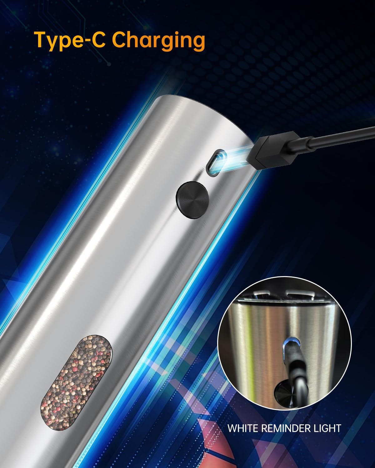 CIRCLE JOY Rechargeable Electric Salt and Pepper Grinder Set with Base, Automatic Stainless Steel Pepper Mill Grinders with 110ml Container, Adjustable Coarseness and White LED Light, Silver