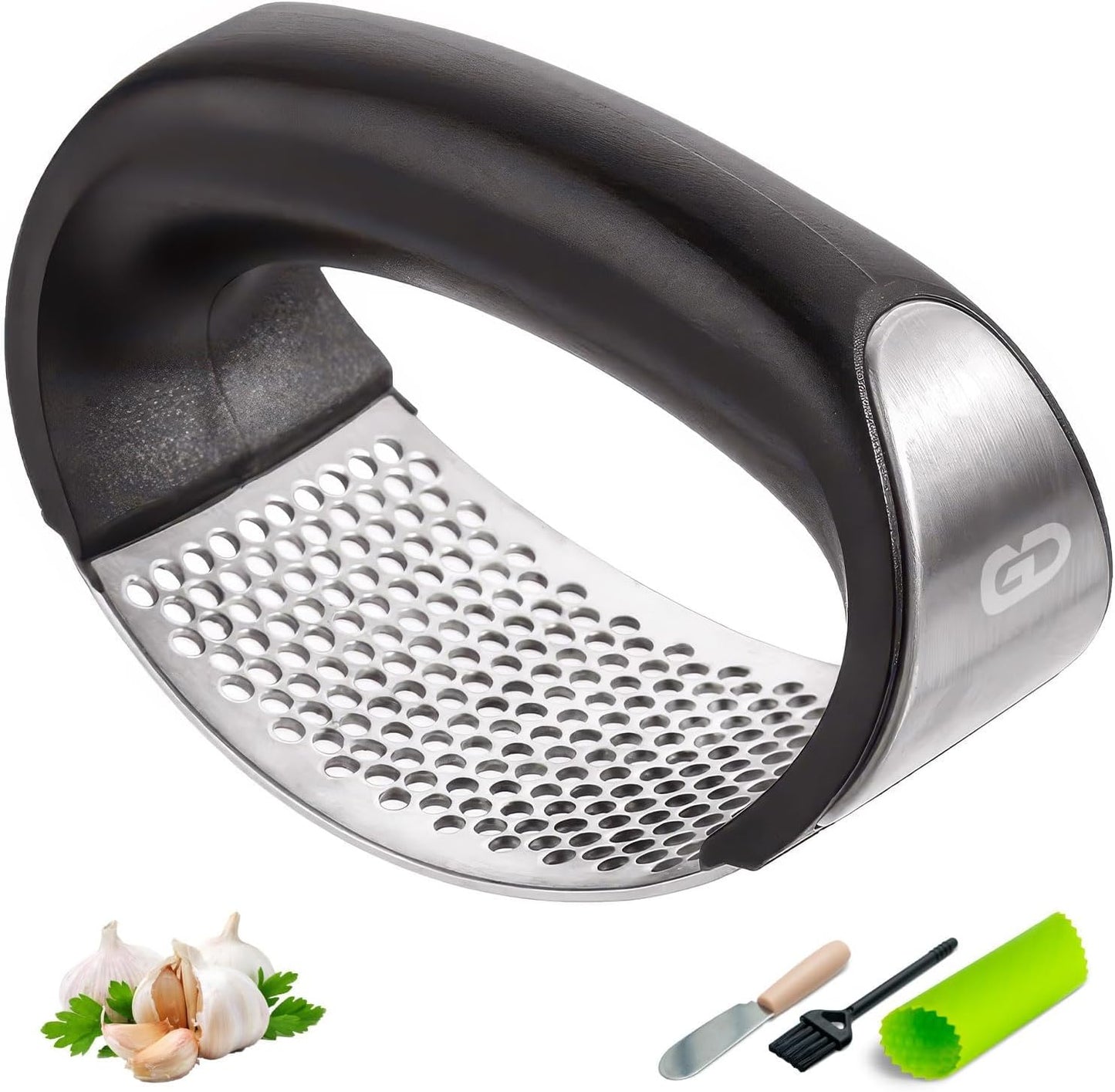 GD Garlic press rocker, crusher, mincer tool stainless steel with a Garlic Peeler, spatula, and Brush extract more Garlic Paste. The Garlic Mincer Tool Squeezes, Extracts, Crushes