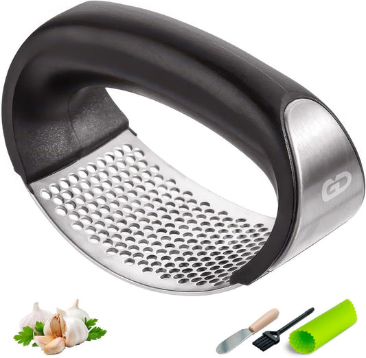 GD Garlic press rocker, crusher, mincer tool stainless steel with a Garlic Peeler, spatula, and Brush extract more Garlic Paste. The Garlic Mincer Tool Squeezes, Extracts, Crushes
