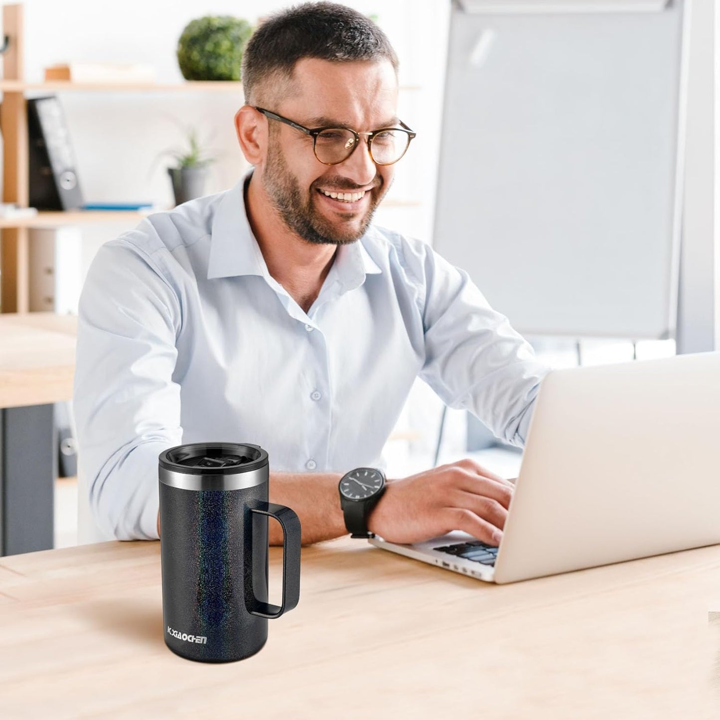 KXIAOCHEN 20oz Insulated Coffee Mug with Lid, Stainless Steel Coffee Cup, Double Wall Vacuum Coffee Tumbler with Handle, Premium Thermal Travel Coffee Mug (Glitter Black White 2Pack)