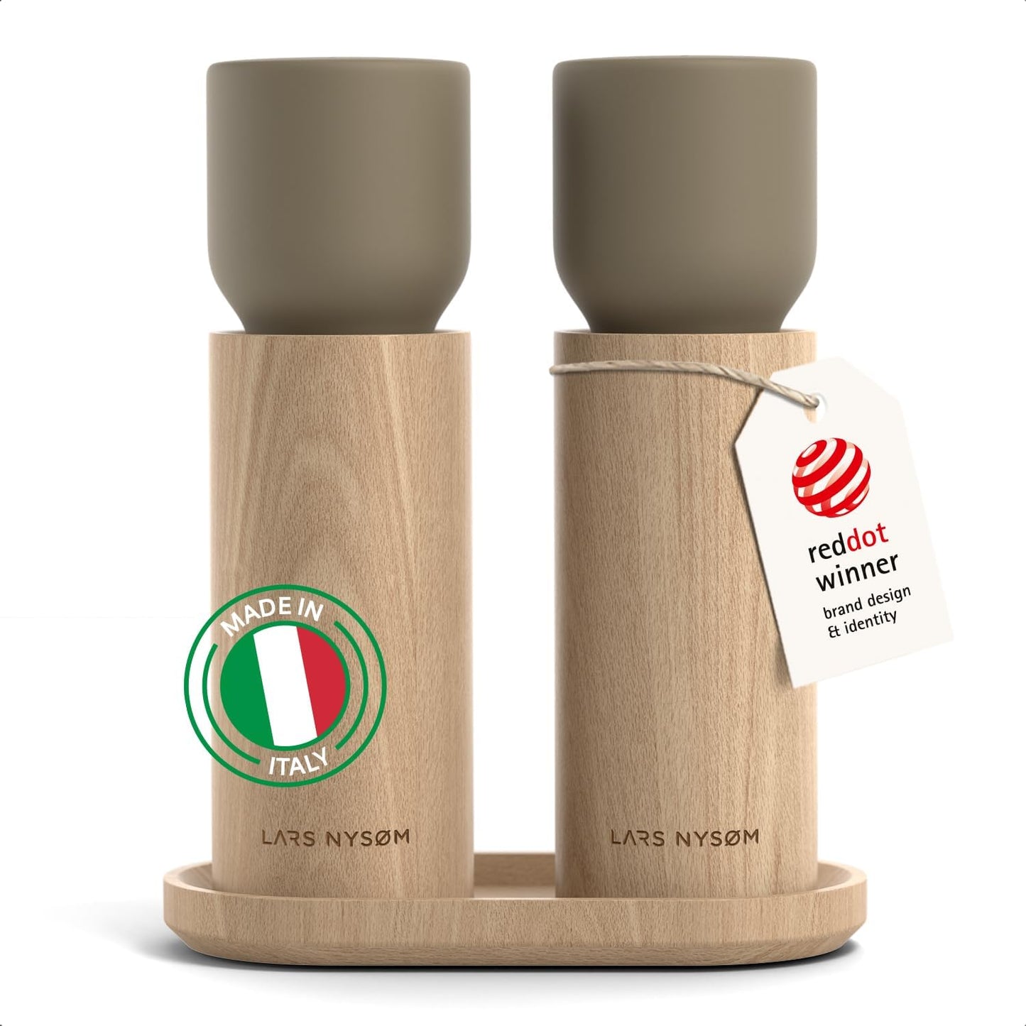 LARS NYSØM Wooden Salt and Pepper Grinder Set Manual with Tray - Salt and Pepper Mills with Adjustable Ceramic Grinder - Elegant Beechwood Pepper and Salt Mill Set for Dining Table (Taupe Brown)