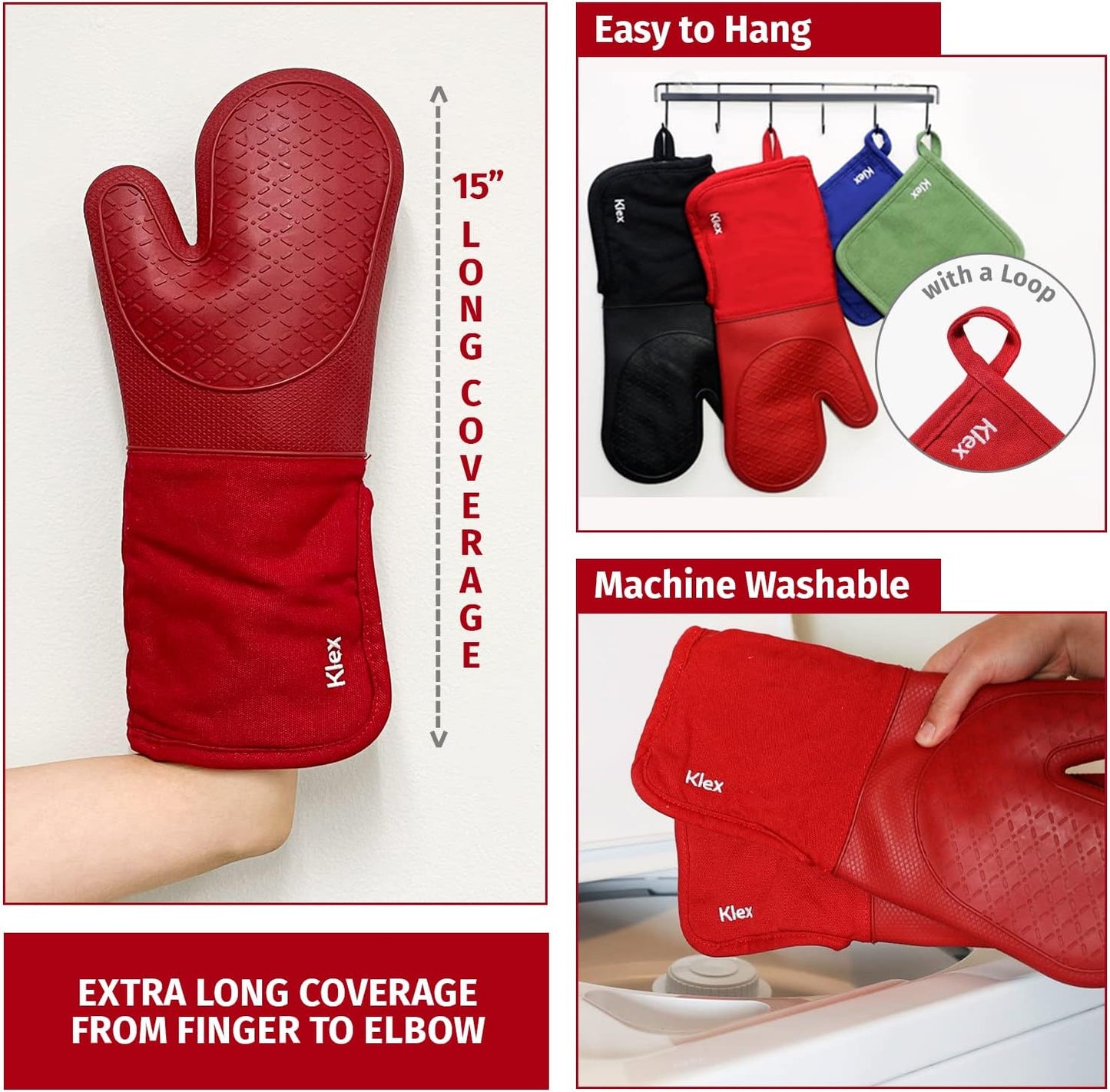Klex Extra Long Silicone Oven Mitts, 932°F Degrees Heat Resistance with Quilted Cotton Liner Oven Gloves, 2 Piece Set, 15 inch, Red
