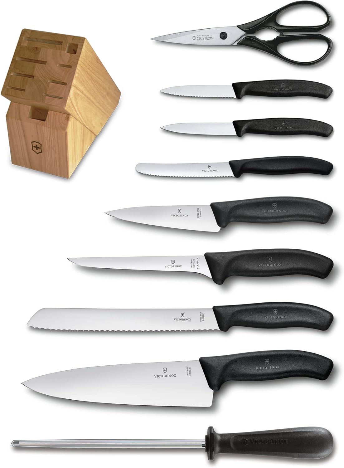 Victorinox Swiss Classic Knife Block - Kitchen Knife Set with Block for Home Essentials - Includes Chef's Knife, Paring Knife & More - Black Handles, 10-Piece Set