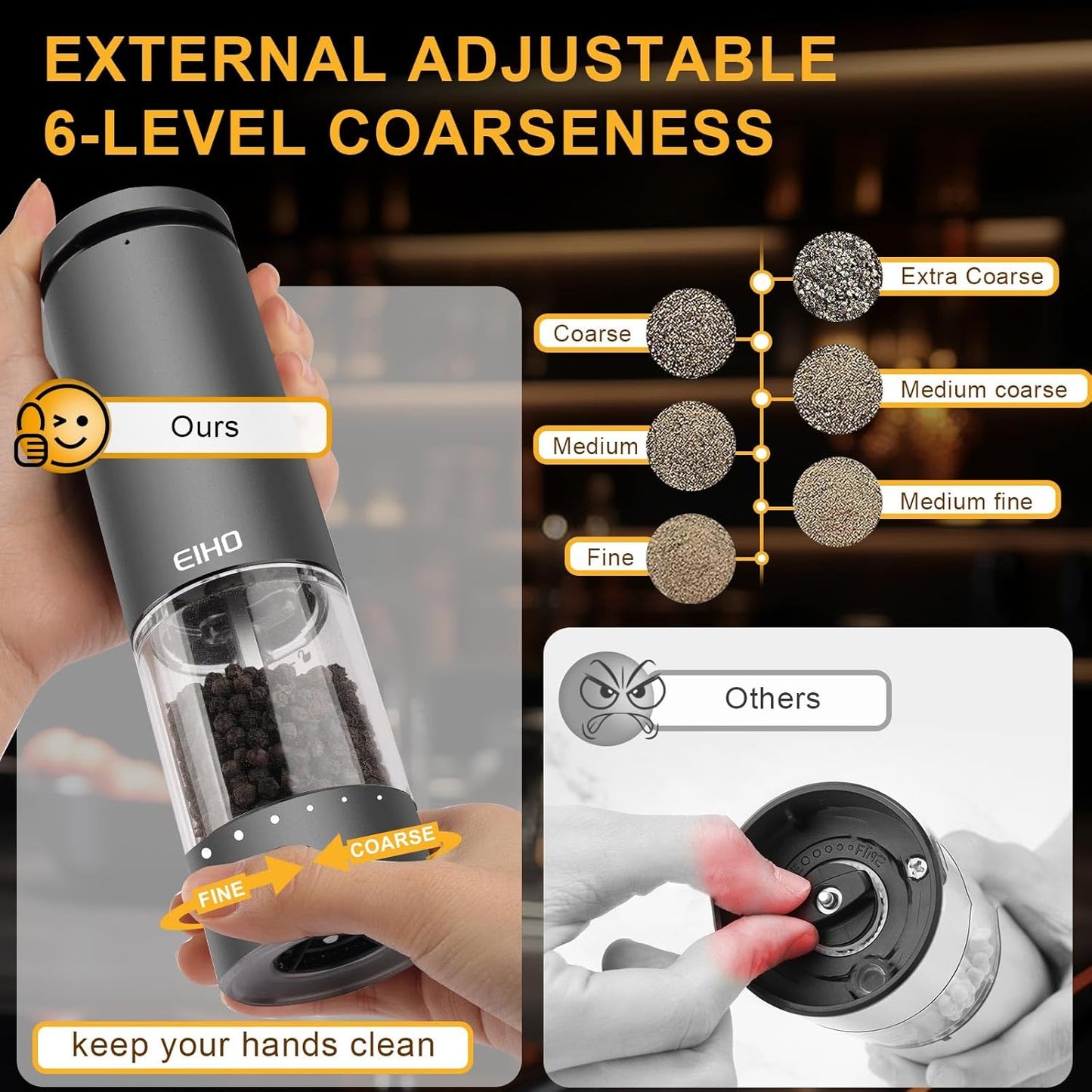 EIHO Electric Salt and Pepper Grinder Set USB Rechargeable, Upgraded External Adjustable Coarseness, Aluminum Alloy Automatic Salt and Pepper Shakers Mills with LED Light, House Warming Cooking Gifts