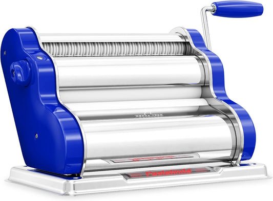 PASTALINDA Classic 260 Pasta Maker Machine, 26 cm Wide Rollers, 9 Thickness Positions, 2 Cutting Positions, Stainless Steel. Includes Reinforced Hand Crank And Two Clamps (Blue)