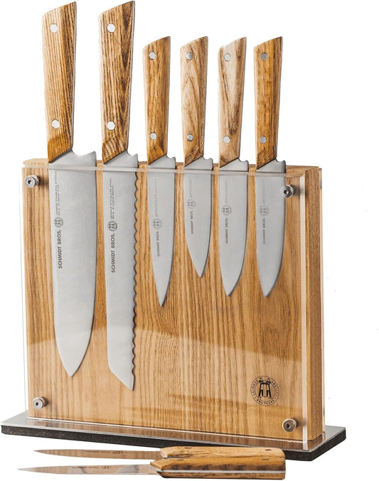 Schmidt Brothers - 9-Piece Natural White Oak Hex Knife Set, High-Carbon Stainless Steel Cutlery with Natural White Oak and Acrylic Magnetic Knife Block