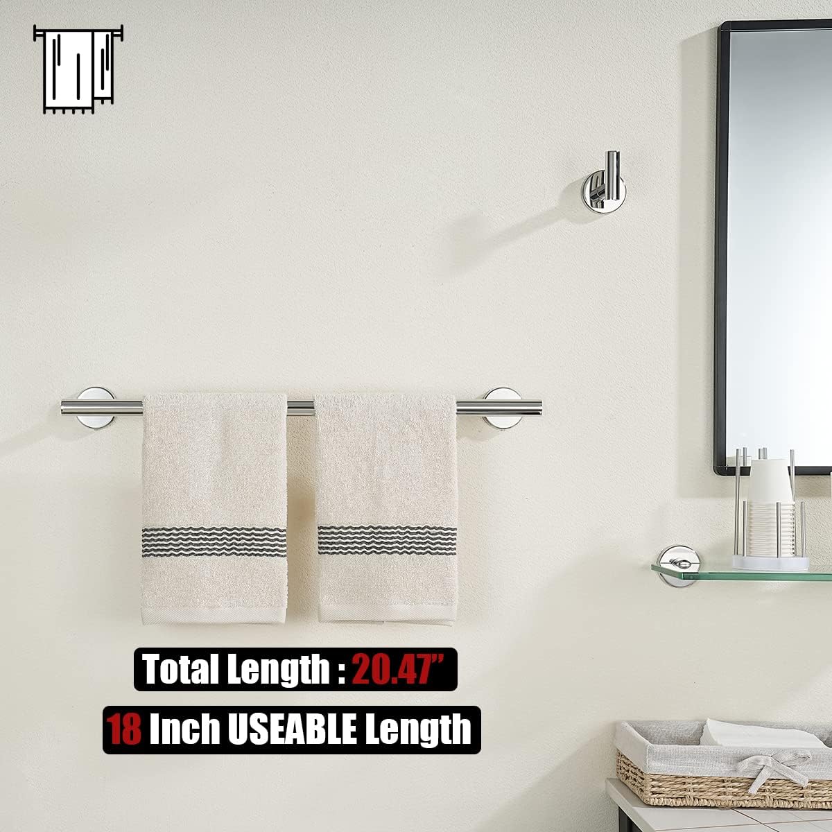 JQK Chrome Towel Bar, 20.5 Inch 304 Stainless Steel Thicken 0.8mm Towel Rack Bathroom, Towel Holder Polished Finished Wall Mount, Useable Length 18 Inch, TB110L18-CH