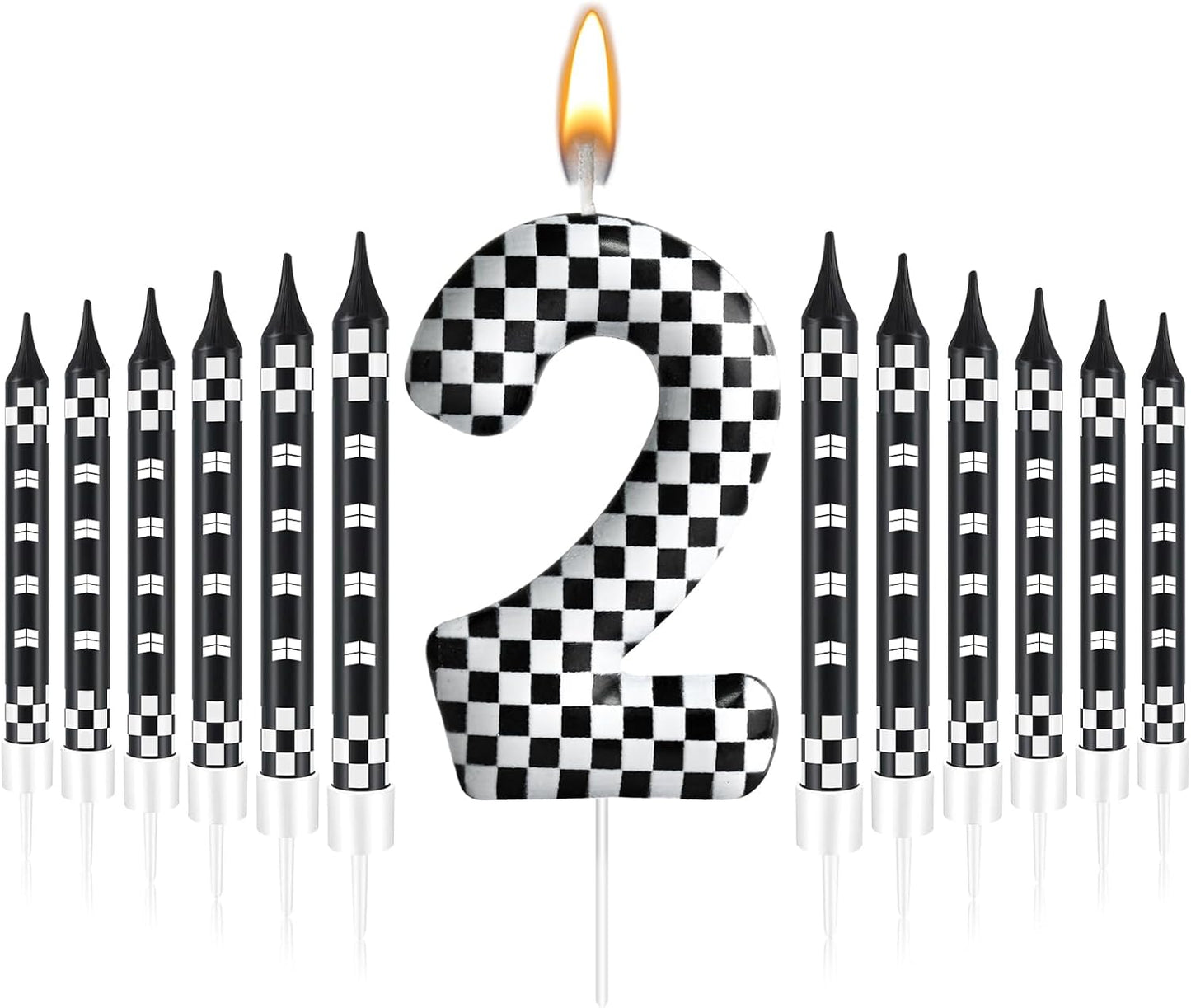 13 Pcs Racing Cars Themed Birthday Candles Black and White Race Number 2 Checkered Candle Cake Topper for Racing Car Party Decoration Supplies (Number 2)