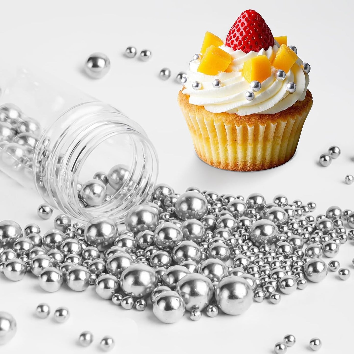 Silver Pearl Sprinkles, Edible Pearl Sugar Sprinkle,Mix Size,Baking Edible Cake Decorations,Cupcake Toppers,Cookie Decorating Donuts Ice Cream Toppings,Wedding Birthday Party Valentines Christmas Supplies,130g/4.58oz