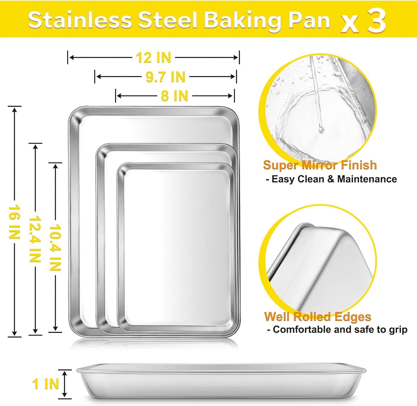 E-far Baking Cookie Sheet Pan Set of 3, 16/12.4/10.4 Inch, Stainless Steel Baking Pans Set for Oven, Rectangle Baking Tray for Cooking Roasting, Non Toxic & Easy Clean, Dishwasher Safe