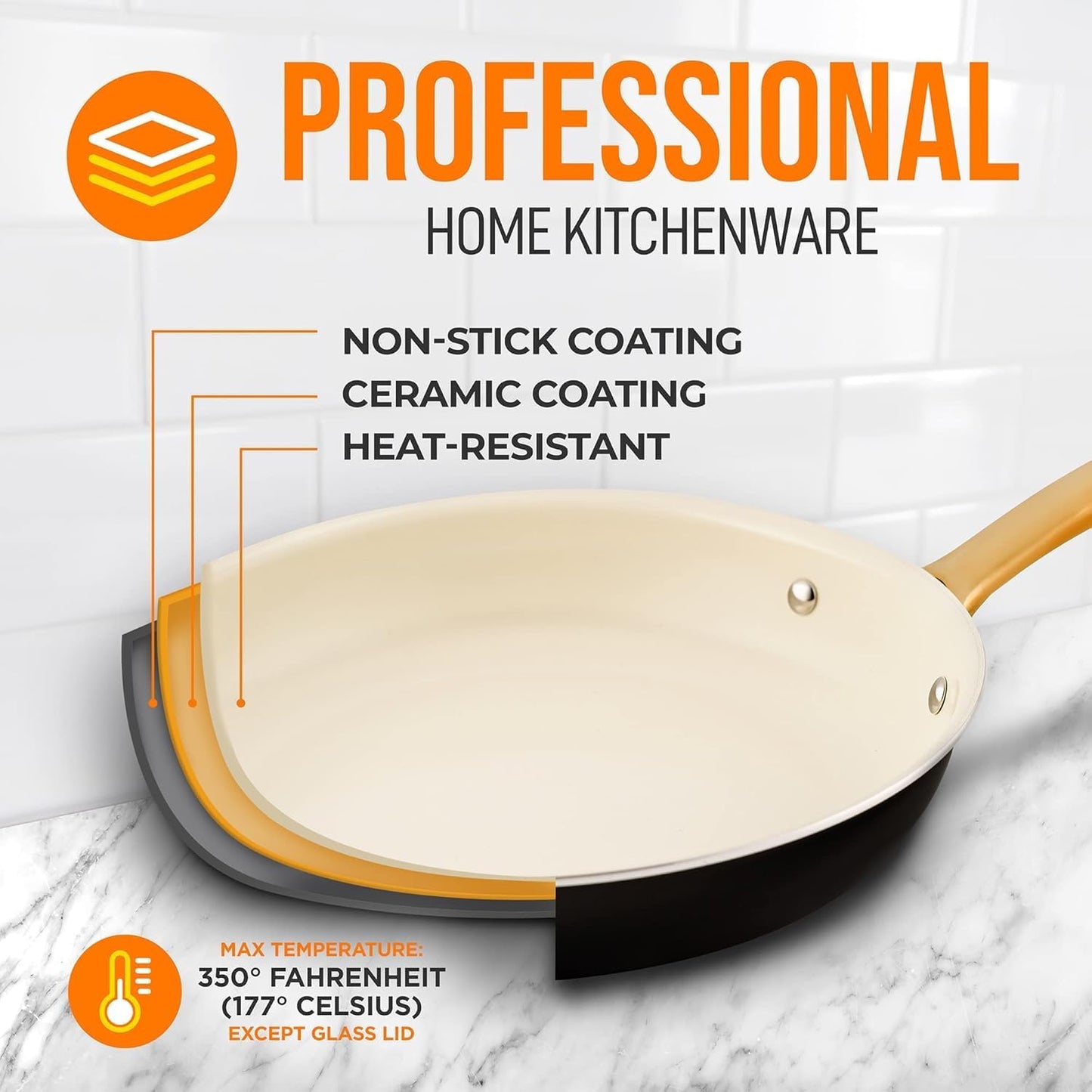 NutriChef 10-Inch Professional Ceramic Frying Pan With Lid - Medium Skillet with Golden Titanium Handle, Non-Stick Ceramic Coating, Stain-Resistant, Easy to Clean, Ideal for Home Cooking