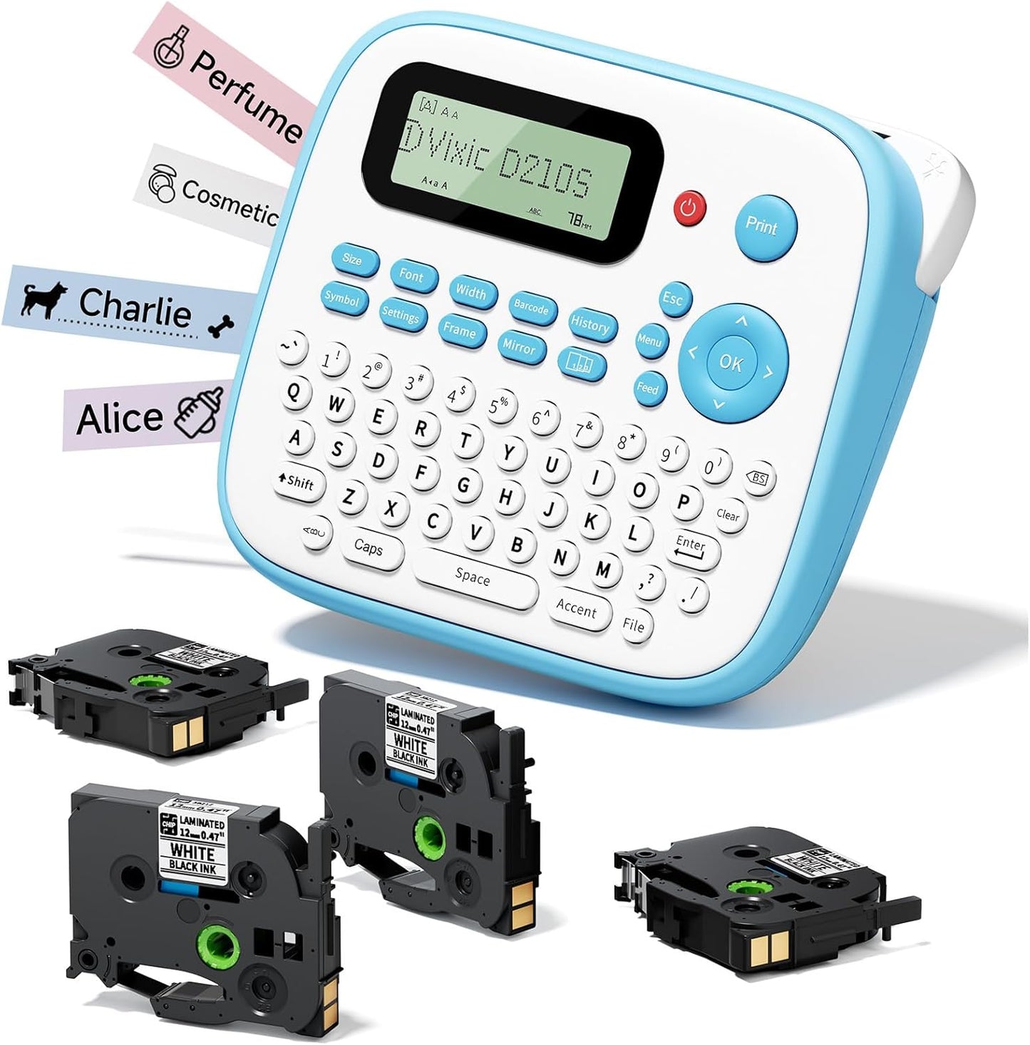 Label Maker Machine with Tapes, Label Maker Waterproof-Labels, Portable Label Makers Bundle 4 Label Tapes Included 12mm 0.47 Laminated White, D210S Handheld Labeling Machine for Home Office School