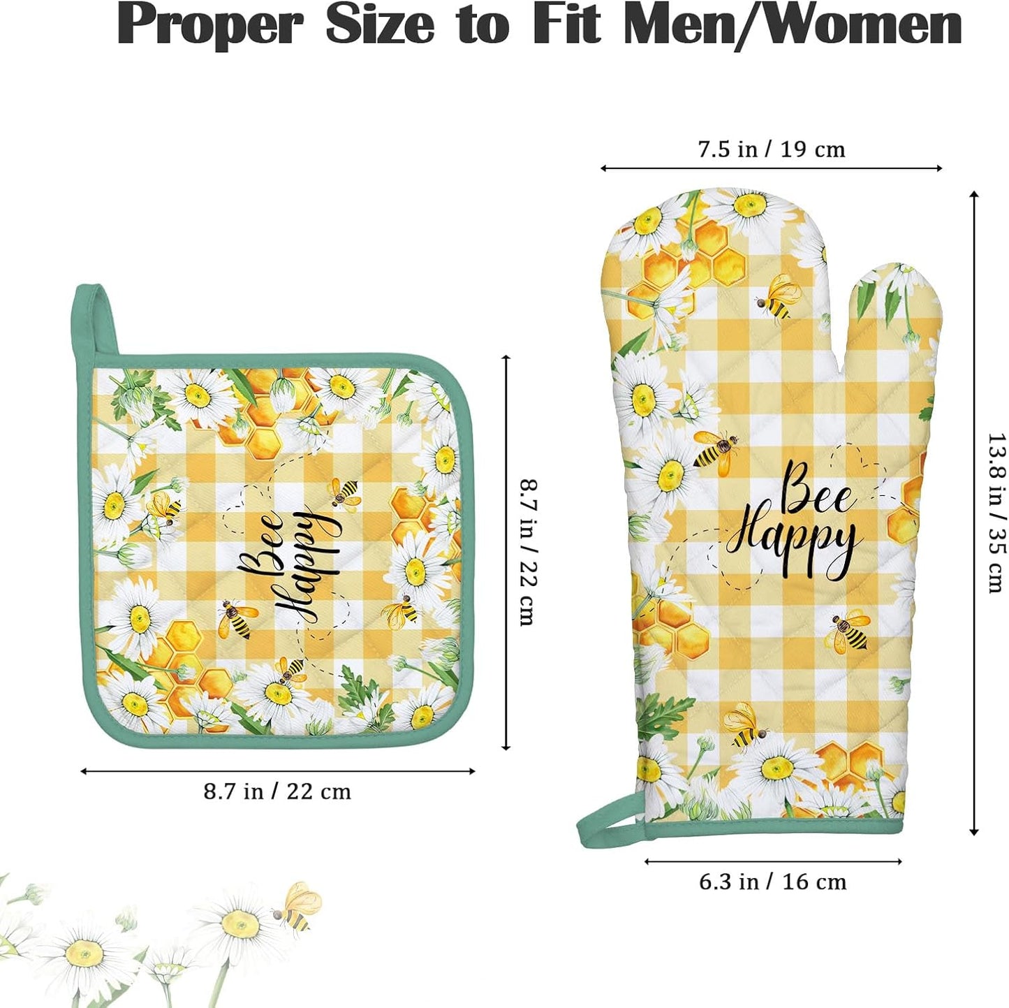 Bee Daisy Oven Mitts and Pot Holders Sets 4Pcs, 100% Cotton Heat Resistant, Extra Long Oven Gloves Potholder for Kitchen Cooking Baking Housewarming