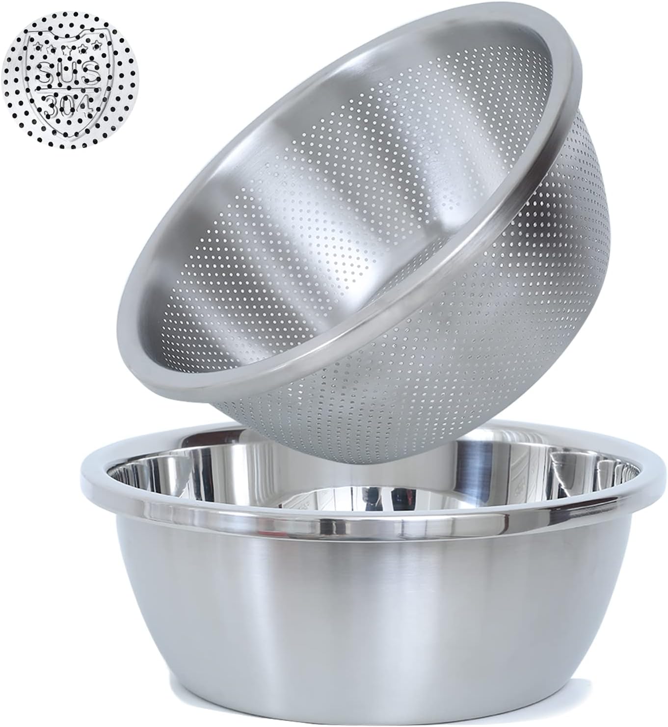 304 Stainless Steel Microporous Colander,2QT Large Capacity with Mixing Bowl For washing vegetables, fruit and rice and for draining cooked pasta(2PC)
