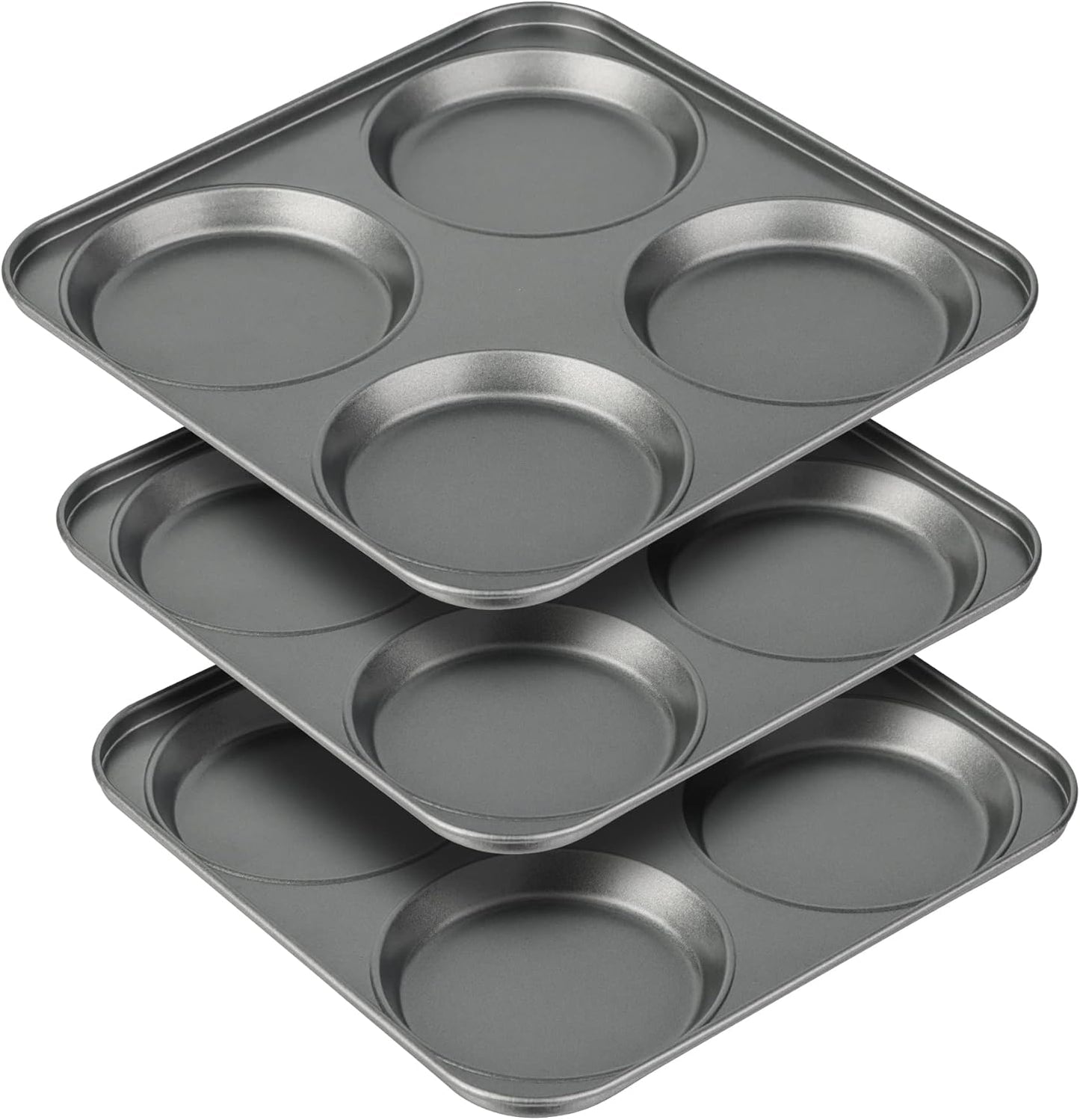 Tiawudi Muffin Top Pan, 4-Cup Hamburger Bun Pan, Large Whoopie Pies Pan, Non-Stick Bakeware for Eggs, Cornbread, Small Cake Layers and Drop Cookies, Set of 3