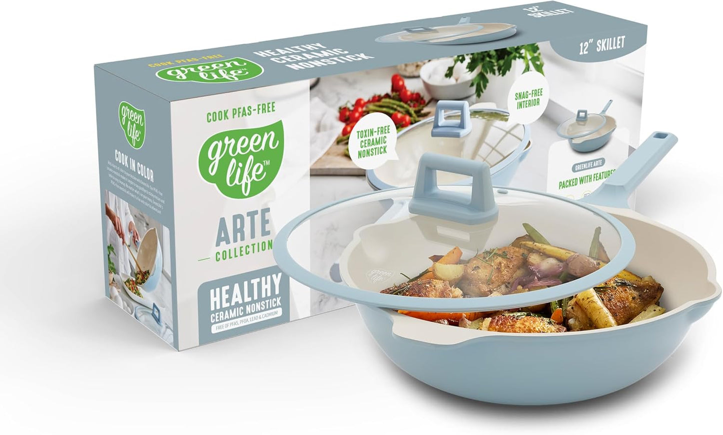 GreenLife Nonstick 12” (5QT) All in One Deep Skillet Wok with Lid, PFAS-Free Non-Toxic Ceramic Multi-Purpose Pan, Induction, All Stovetop, Egg, Stir Fry, Saute, Stay Cool Handle, Blue Haze