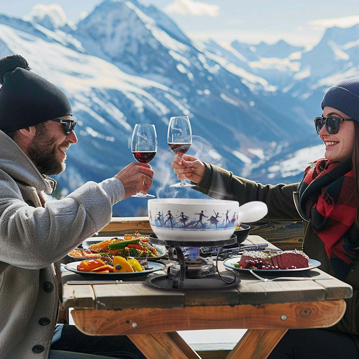 Artestia Swiss Fondue Set for Party - 2L Large Capacity Cheese Fondue Pot Melting Chocolate, Ceramic Fondue Pot, 6 Fondue Forks, Christmas, Wedding Gifts (AR-83107 (Ice Dancer))