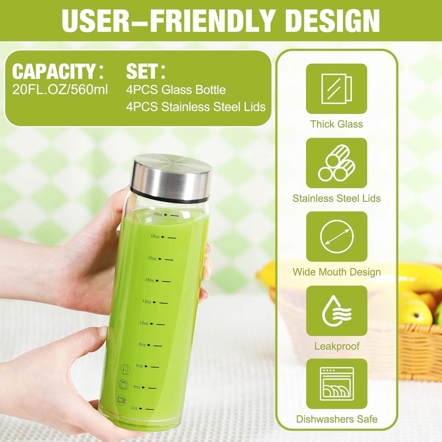 20oz Glass Juice Bottles – 4 Pack Reusable Wide Mouth Bottles with Stainless Steel Lids & Cleaning Brush, BPA-Free Water Bottles for Juicing, Smoothies, Milk, and Protein (600ml)