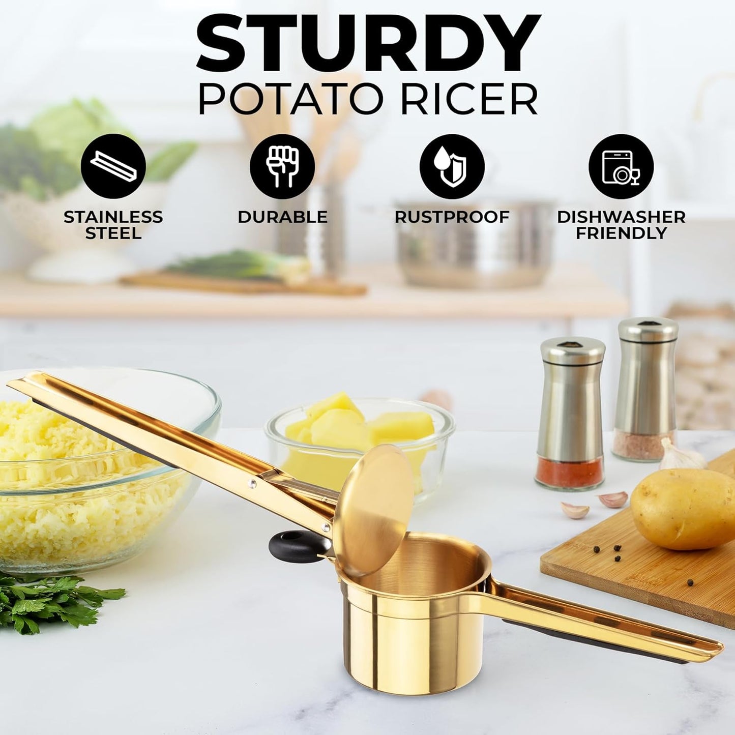 Zulay Kitchen Large 15oz Potato Ricer, Heavy Duty Stainless Steel Potato Masher and Ricer for Mashed Potatoes, Mashed Potato Masher & Potato Press Gadget for Perfect Mashed Potatoes - Gold/Black