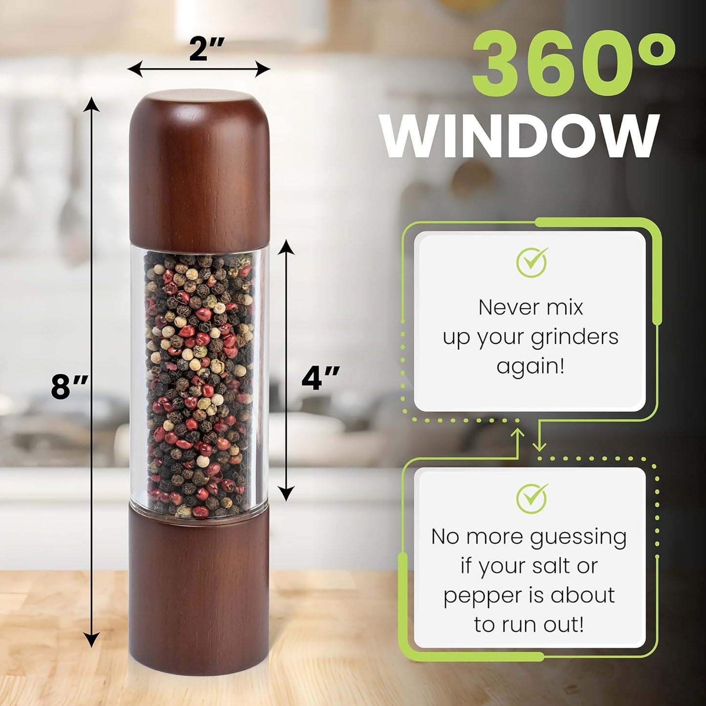 Salt and Pepper Grinder Set - Acrylic Salt and Pepper Grinders - Refillable Wooden Salt and Pepper Mill 8 inch Set of 2