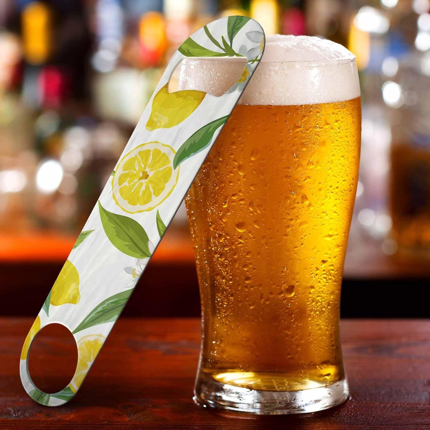 Lemon Stainless Steel Bottle Opener Yellow Fruits with Flowers and Leaves Pattern Flat Beer Bottle Opener Keychain for Home Kitchen Bar Restaurant Party Birthday Gift