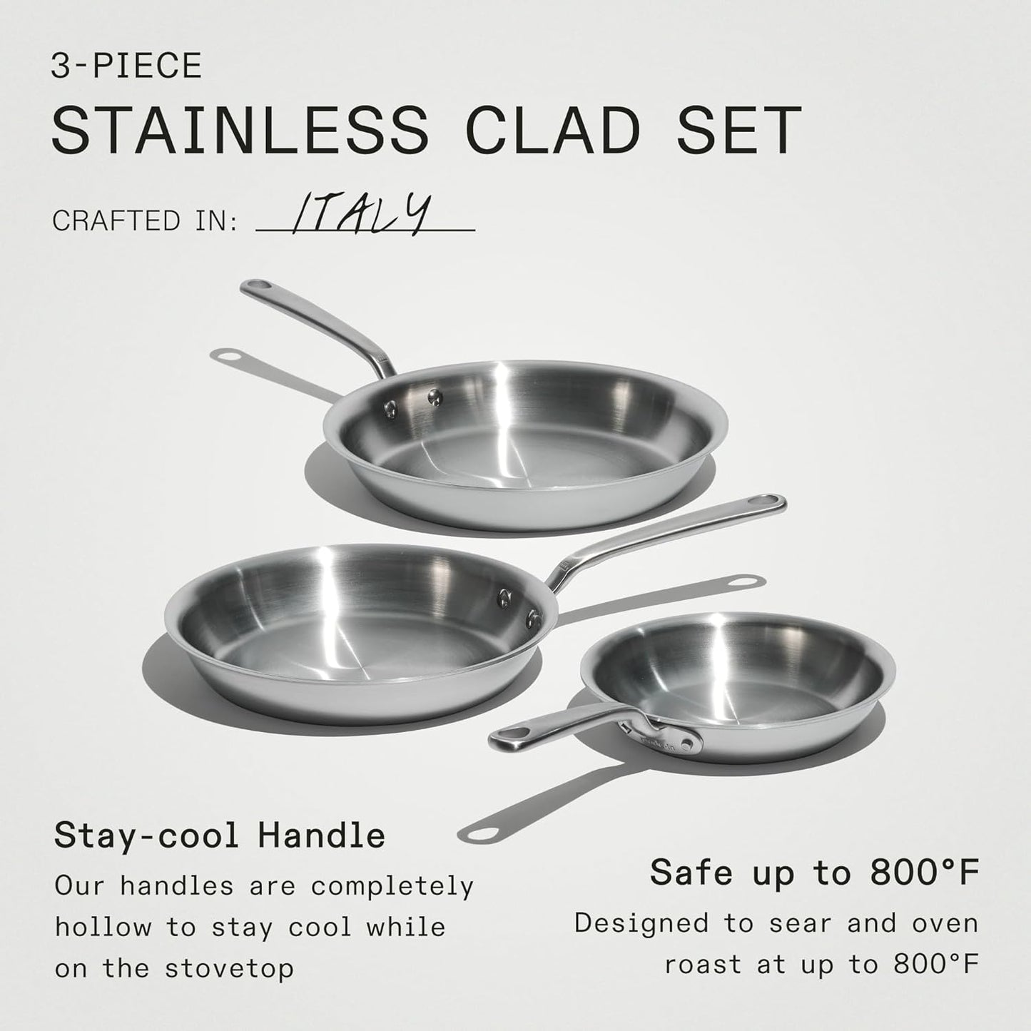 Made In Cookware - 3-Piece (Includes 8",10",12") Stainless Frying Pan Set - 5 Ply Stainless Clad - Professional Cookware - Crafted in USA - Induction Compatible