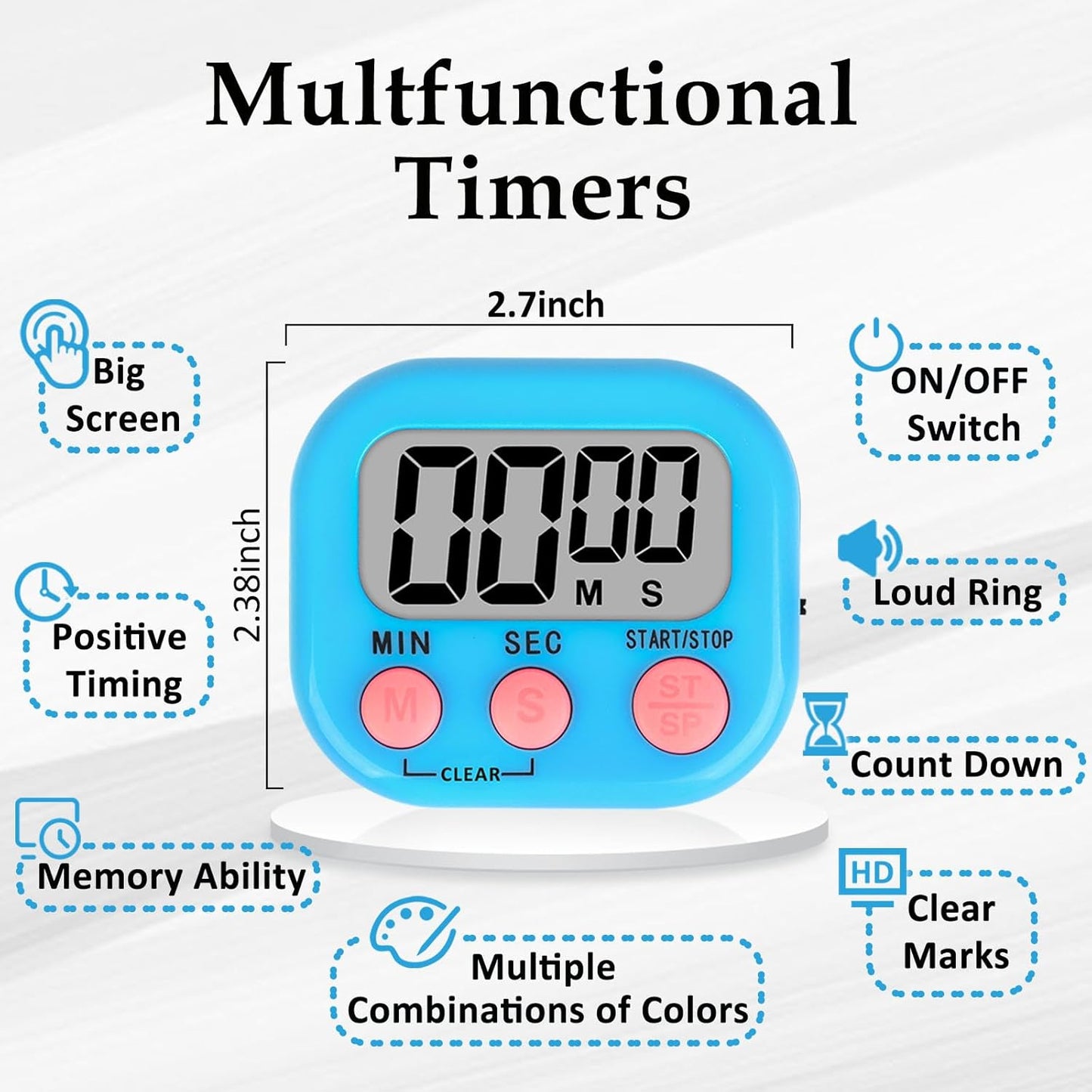 ZILLEEN 12 Pack Kitchen Timers for Cooking Digital Classroom Timers for Teachers Kids White Blue Green