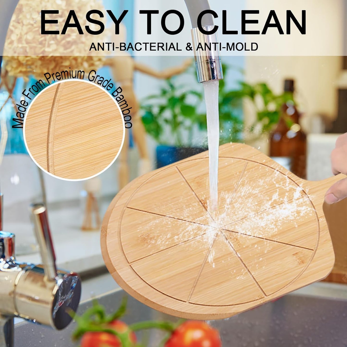 Bamboo Pizza Peel - 18.5"x12.2" with 12" Pizza Cutting Board, Pizza Paddle Spatula with 8 Slice Grooves, also fit for Cheese Bread Fruit Vegetables