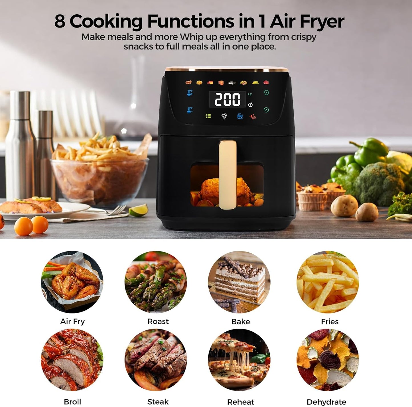 Panana 8QT Large Air Fryer Compact, 8 Preset Menus Airfryer, One-Touch Digital Control Presets, Touchscreen Display, Dishwasher Safe, Nonstick, Fit for Family (Black)