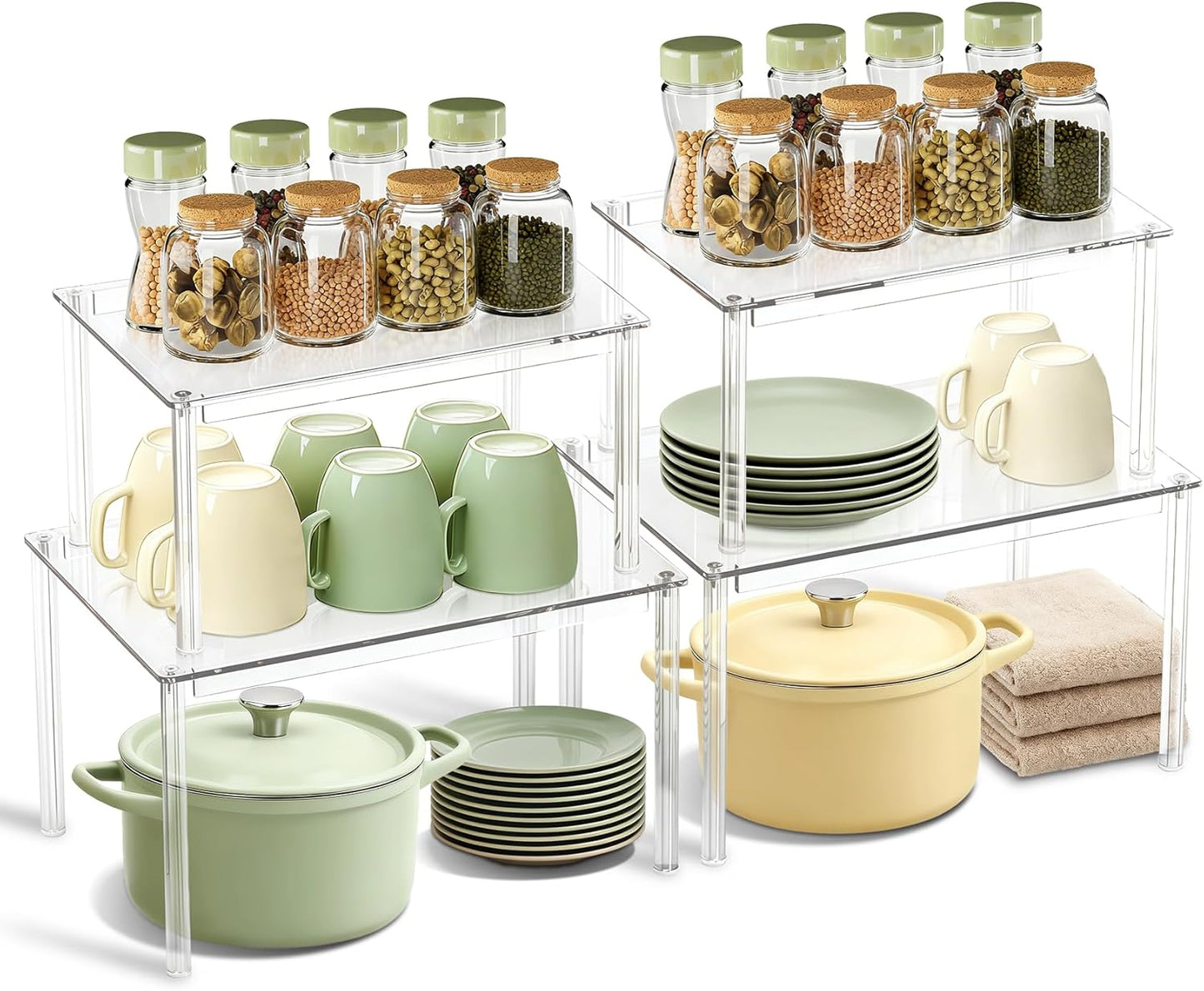 Clear Kitchen Cabinet Organizer, Set of 4 Stackable Spice Rack, Acrylic Shelves for Pantry Organizers and Storage, Tiered Spice Organization for Cabinet, Shelf Organizer for Desk Countertop