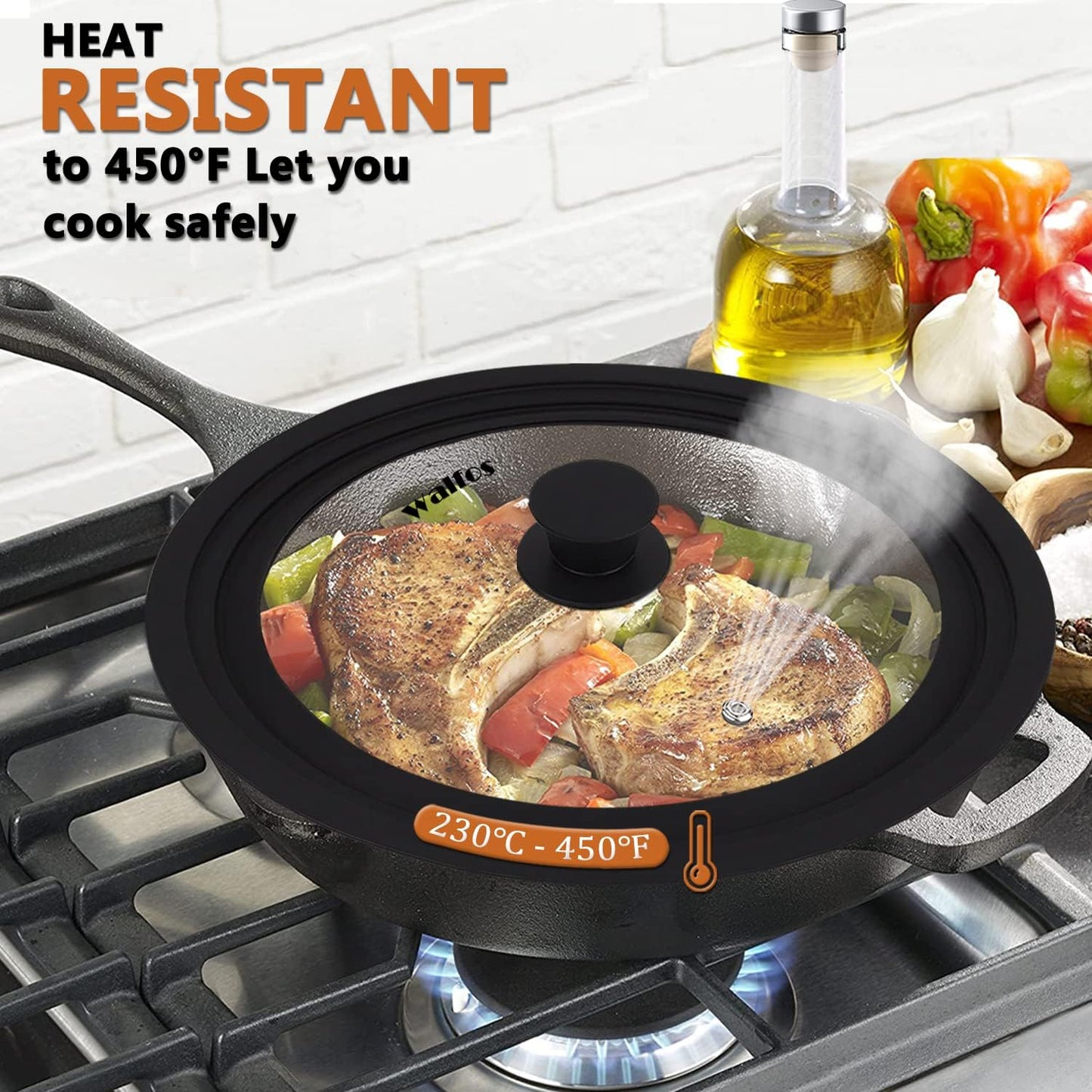 Walfos Universal Lids for Pots, Pans and Skillets - Tempered Glass with Heat Resistant Silicone Rim, Fits 6.5", 7" and 8" Diameter, 9.5", 10" and 11" Diameter Cookware（2PK）