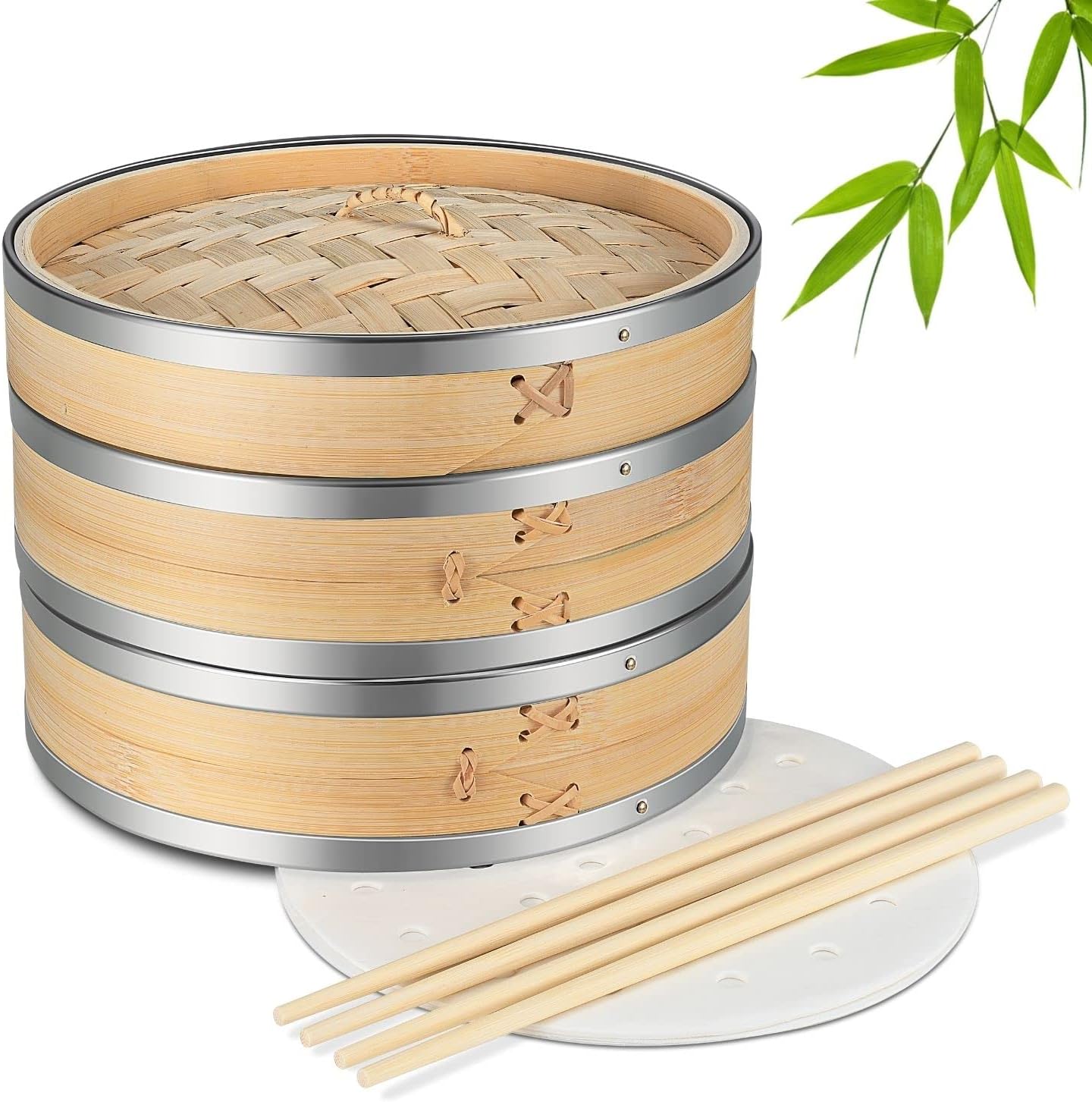 Flexzion Bamboo Steamer Basket Set (8 inch) with Stainless Steel Banding, 50 x Steamer Liners and 2 Pairs of Chopsticks, Steam Baskets for DimSum Dumplings, Rice, Vegetables, Fish and Meat