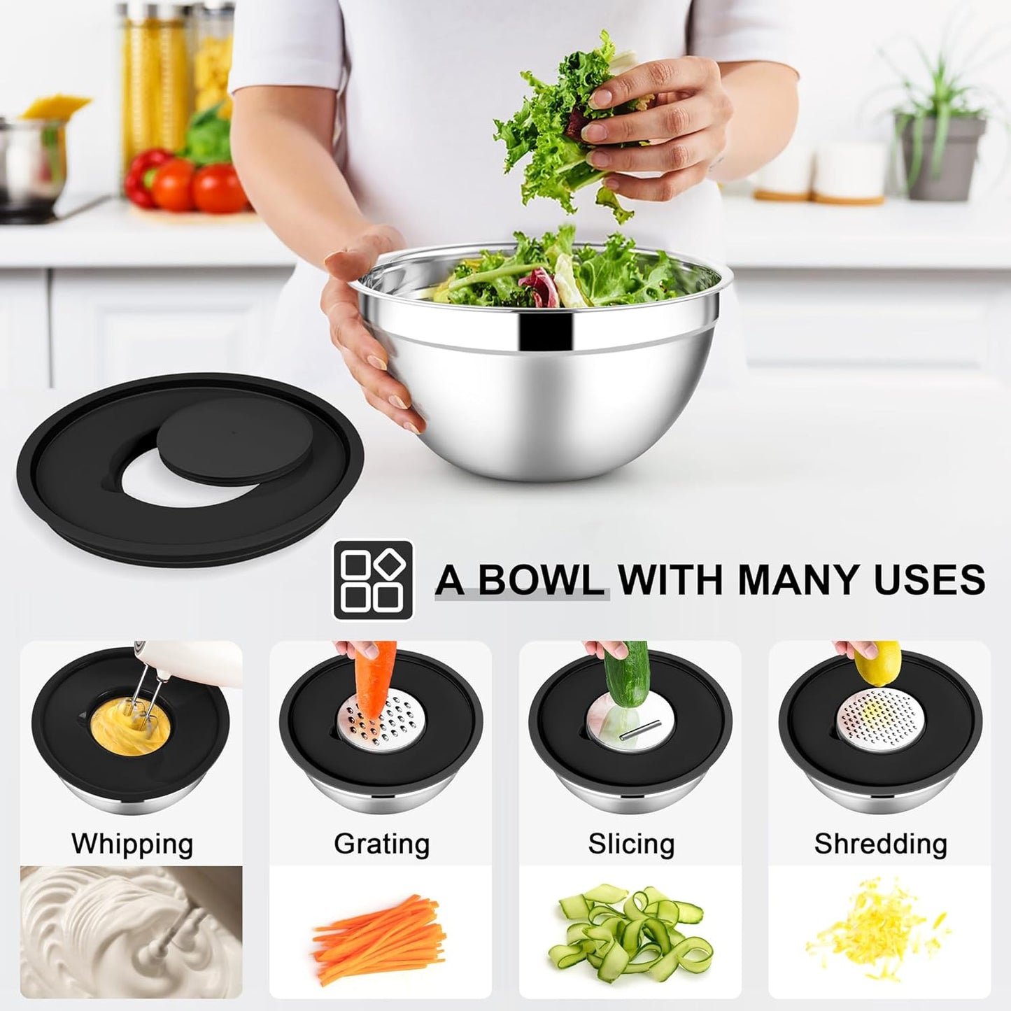 E-far Mixing Bowls with Lids Set, 7-Piece Stainless Steel Metal Mixing Bowls with 3 Grater Attachments, Size 4.6, 3.5, 2.6, 2, 1.5, 1, 0.7QT, Nesting Design & Black Airtight Lids, For Baking/Cooking