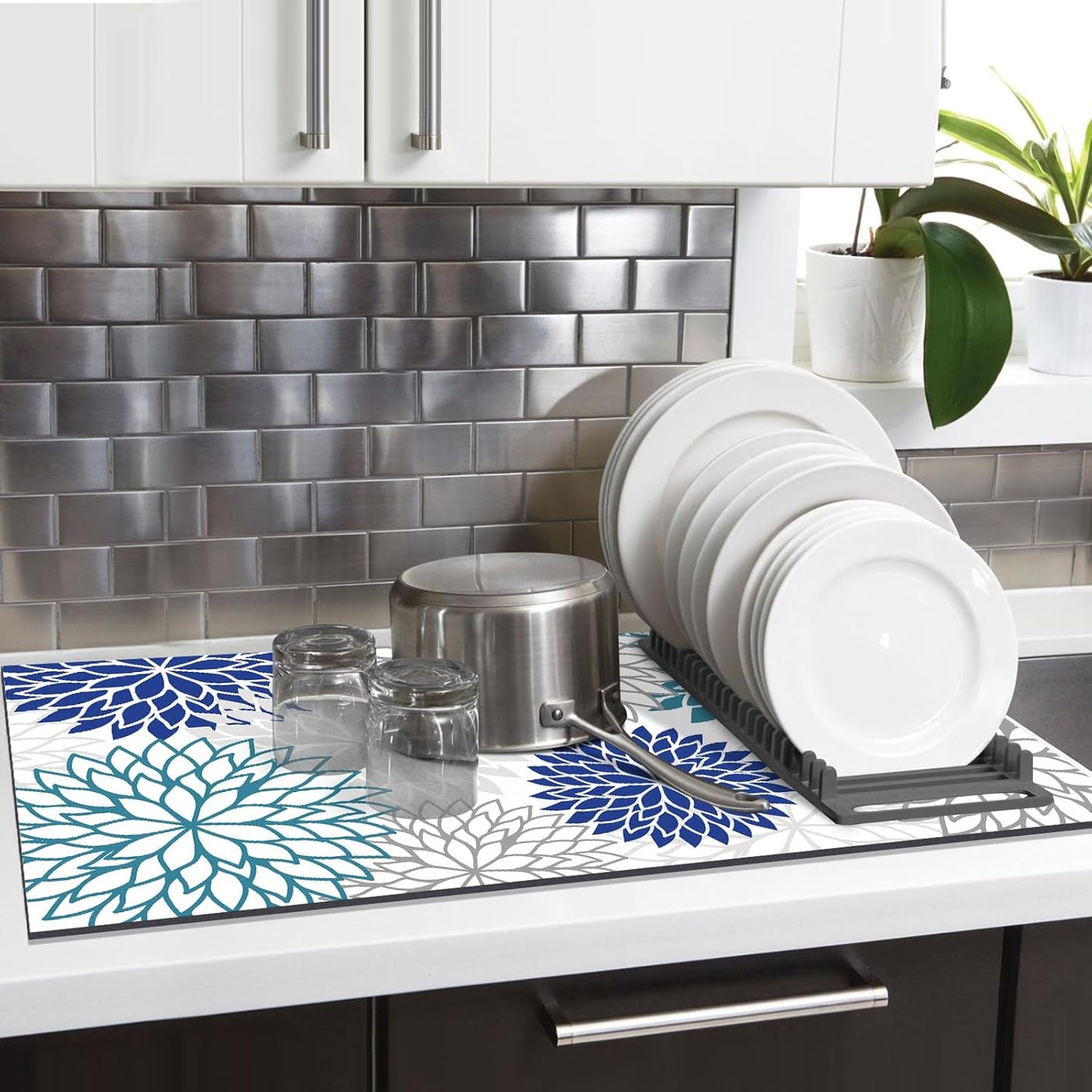 Findosom 2PCS 17" x 32" Dish Drying Mat & 24" x 5.5" Sink Splash Guard, Super Absorbent & Cuttable Dish Mat Drying Kitchen Mat with Blue Floral, Hide Stain Drying Mat for Kitchen Counter