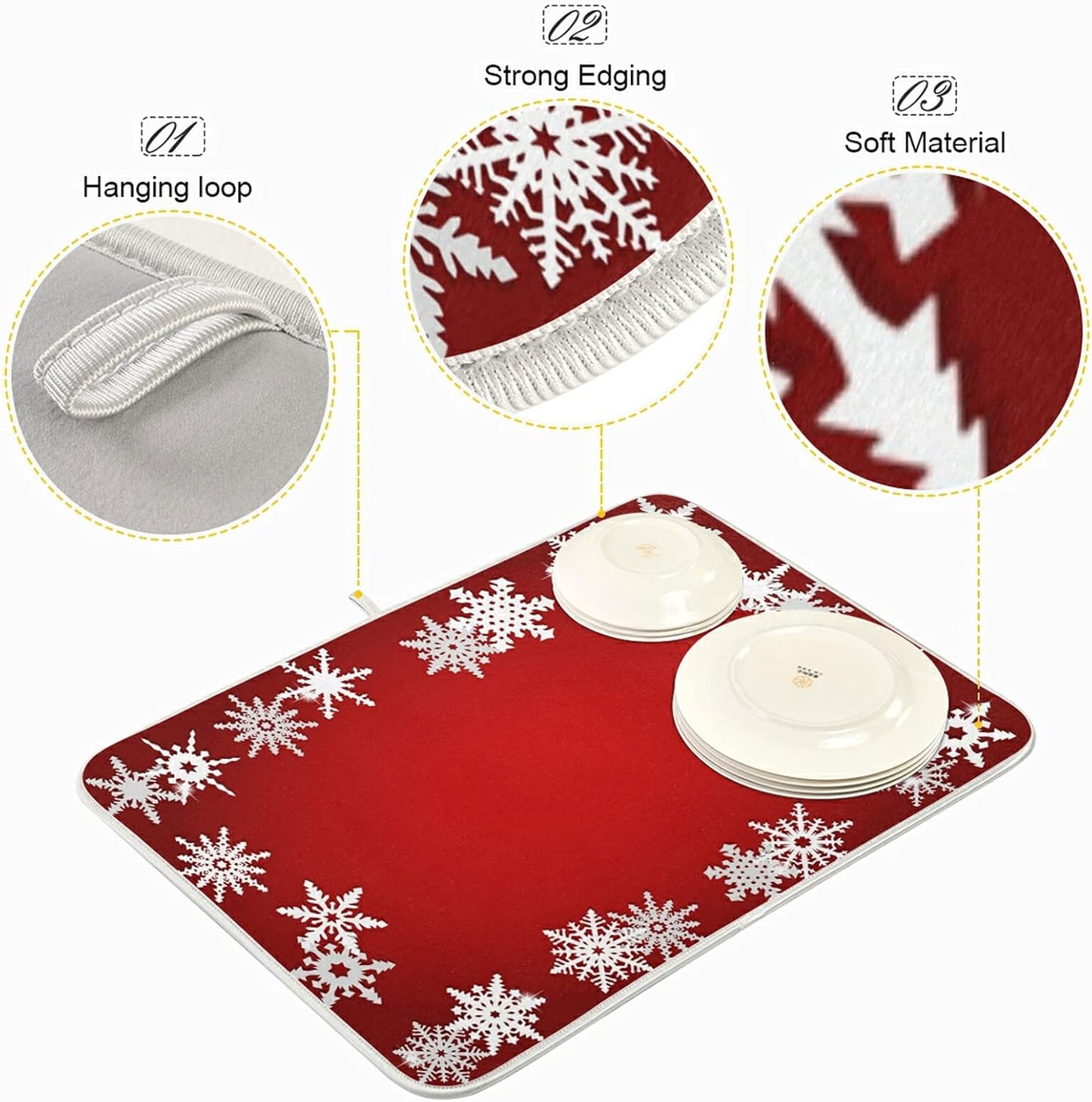 Super Absorbent Dish Drying Mat, Microfiber Fast-Drying Dish Mat, 16" x 18", Kitchen Dish Drying Pad, Watercolor Cute (Christmas Snowflake Abstract)